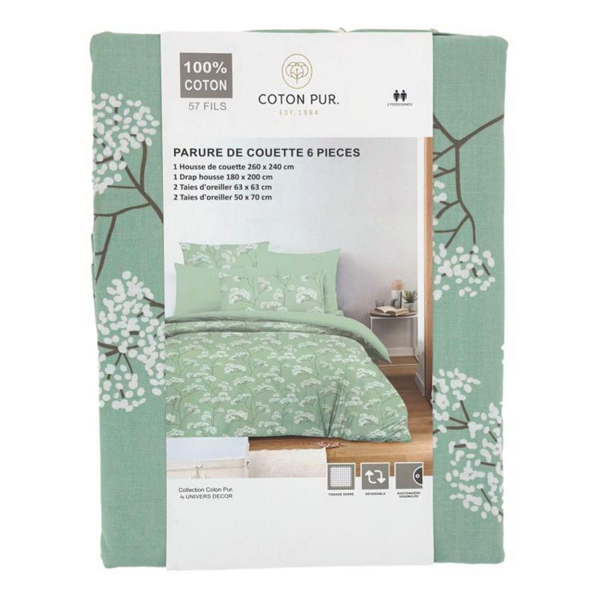 COTON PUR Pack complet housse de couette réversible pour lit 180 x 200 cm  King size  Landscape Menthe