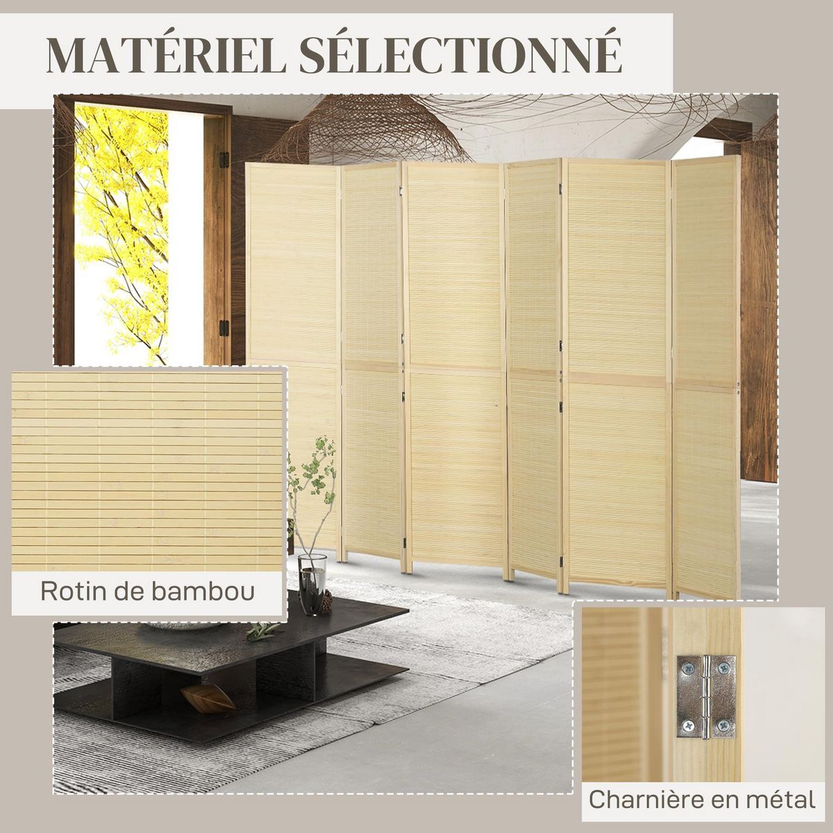 HOMCOM Paravent séparateur de pièce 6 panneaux pliables dim. 270L x 180H cm bois de bambou