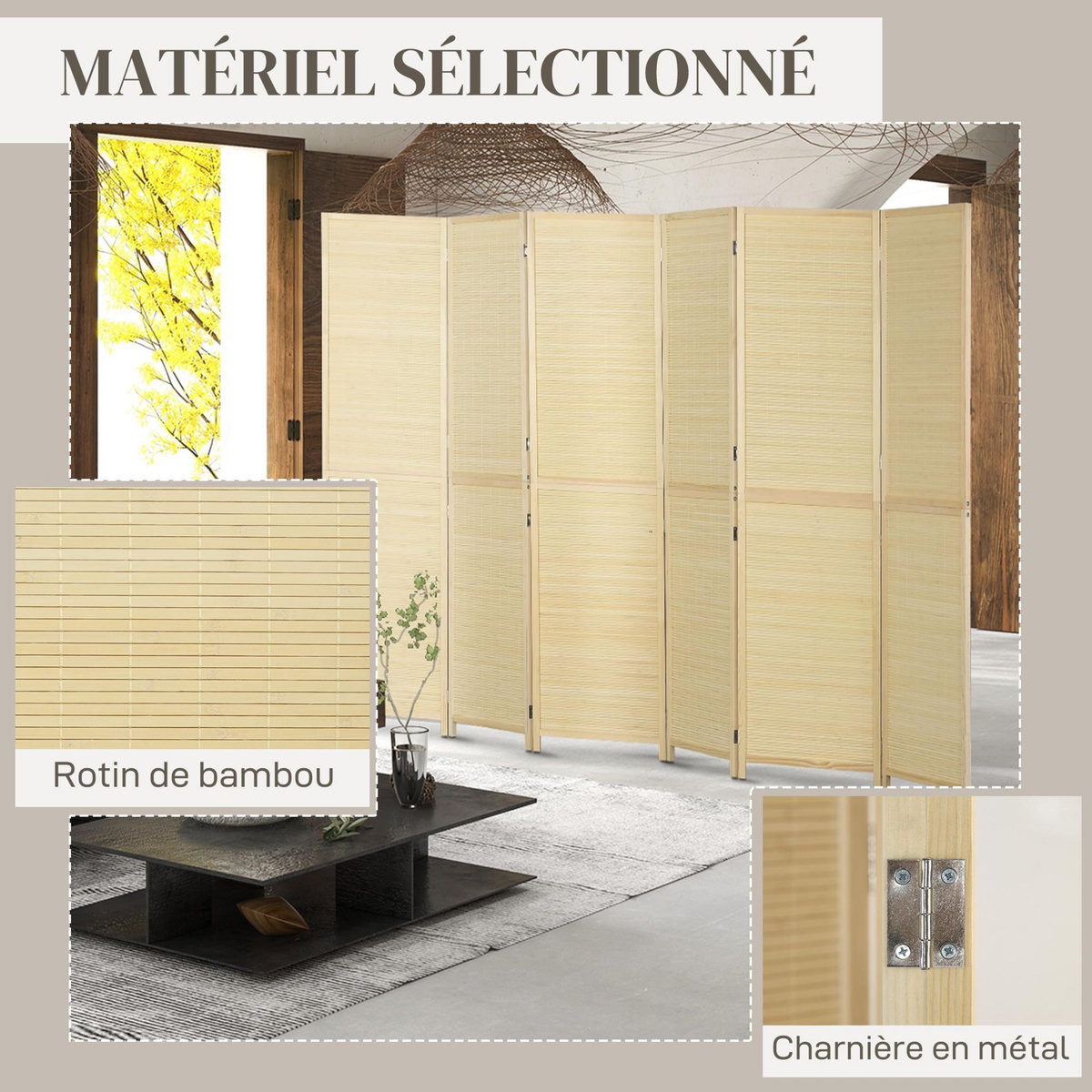 HOMCOM Paravent séparateur de pièce 6 panneaux pliables dim. 270L x 180H cm bois de bambou