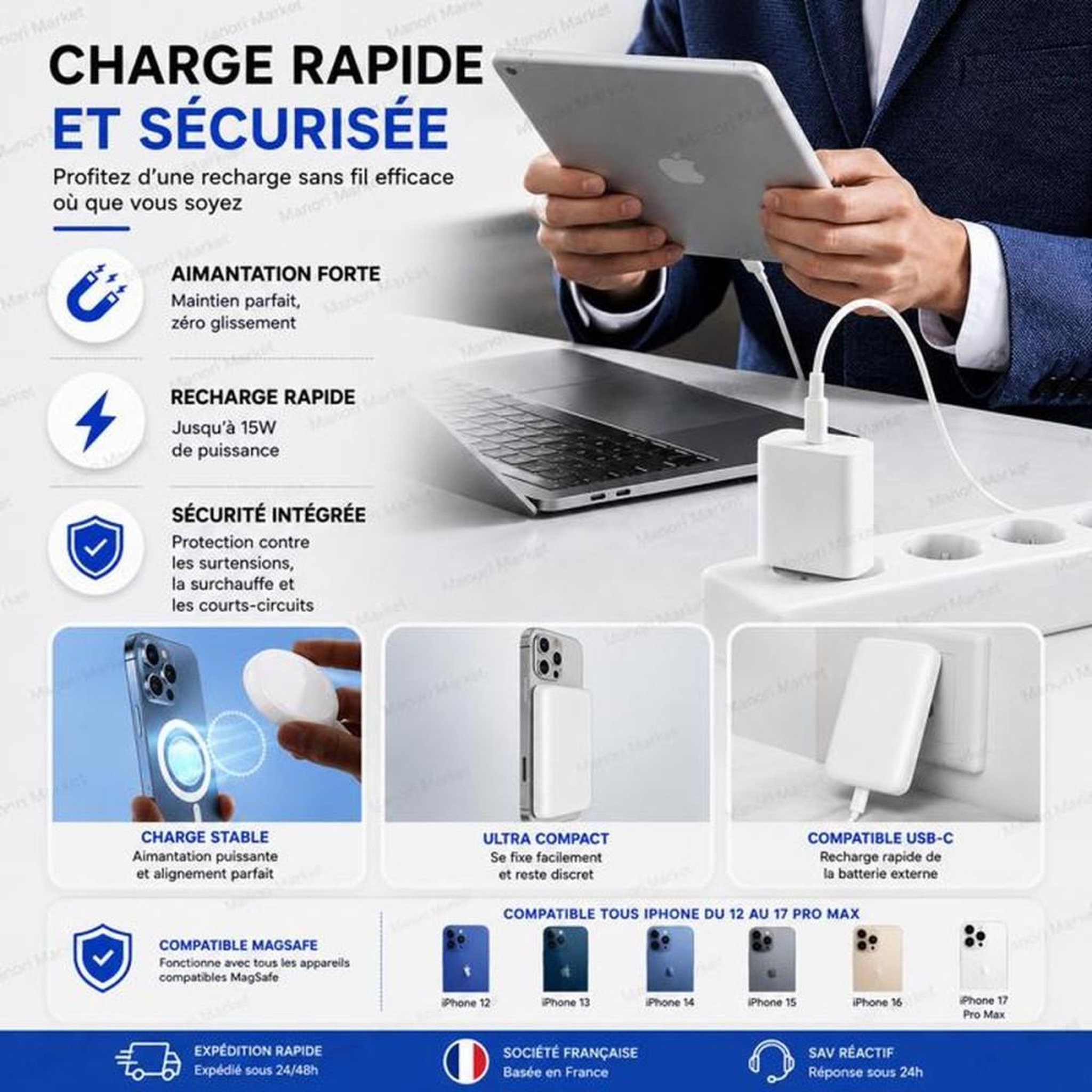 Voir la diapositive 4 : Coffret accessoires MagSafe 5 en 1 pour iPhone 13 Pro Max : batterie sans fil 5000 mAh, coque transparente, chargeur induction, adaptateur 20 W et câble USB