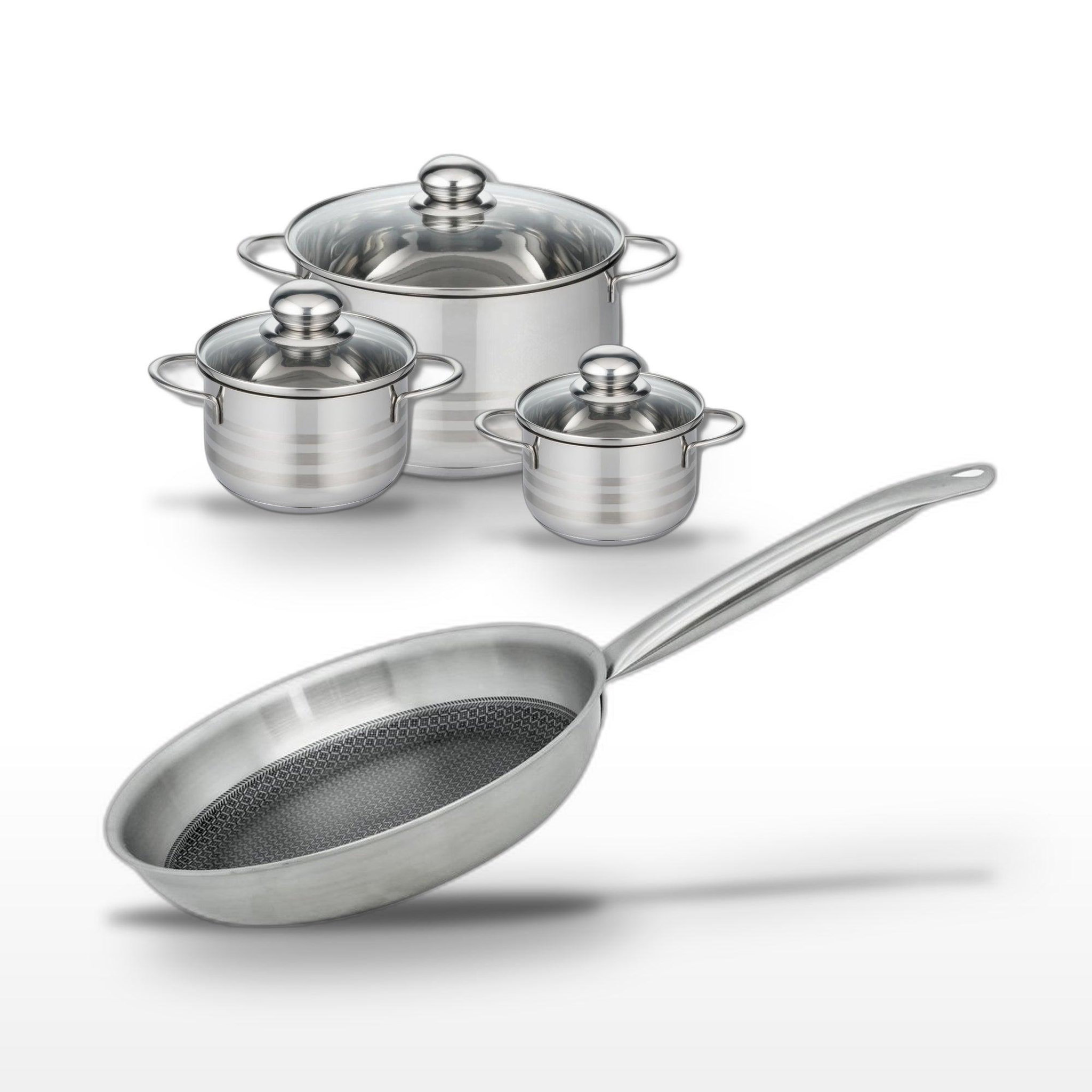 ELO Batterie de cuisine avec 3 faitouts 12/14/24 cm et 1 poêle de cuisson 28 cm en inox et acier sans pfas elo collection relief solution brillant
