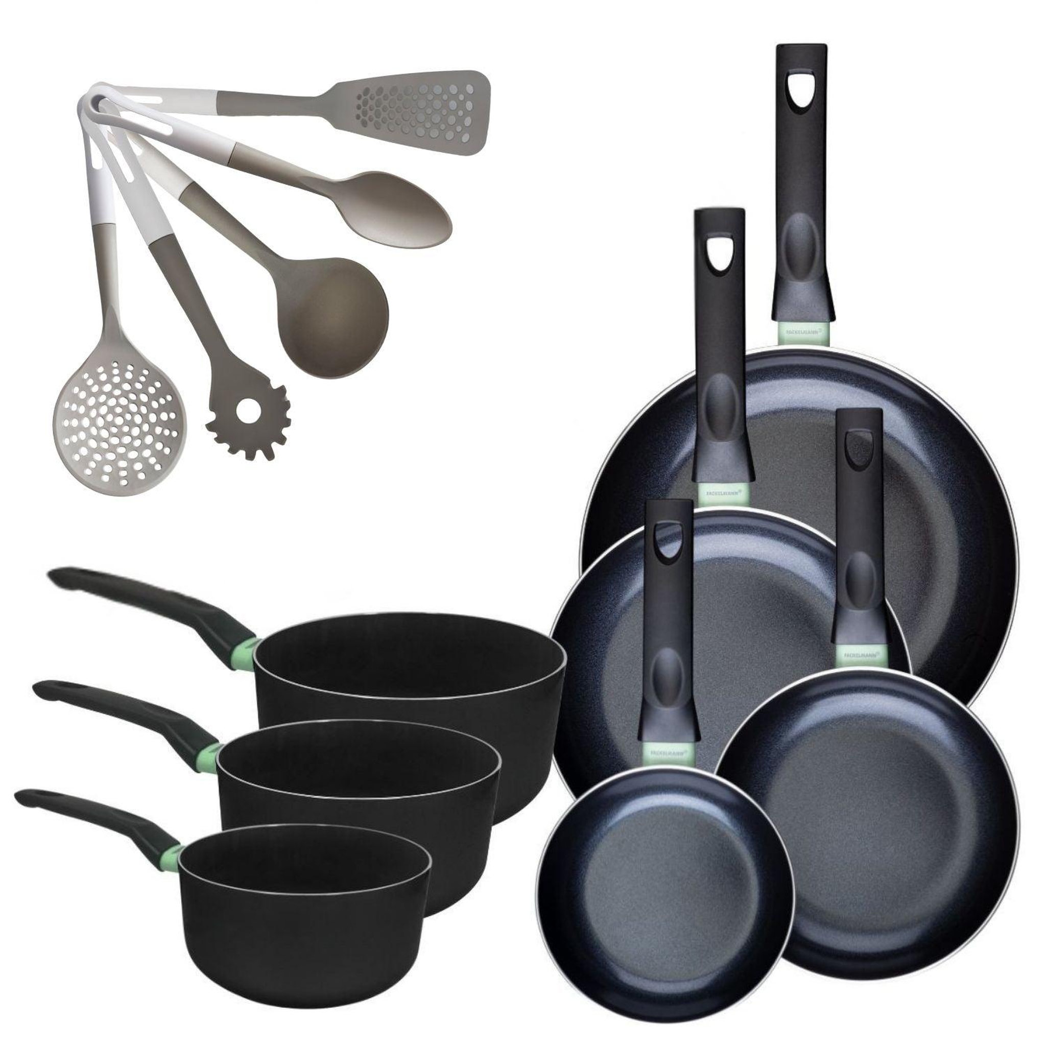 Fackelmann Batterie de cuisine avec 4 poêles 16/20/24/28 cm et 3 casseroles 16/18/20 cm avec 5 ustensiles de cuisine sans pfas fackelmann brandao vario