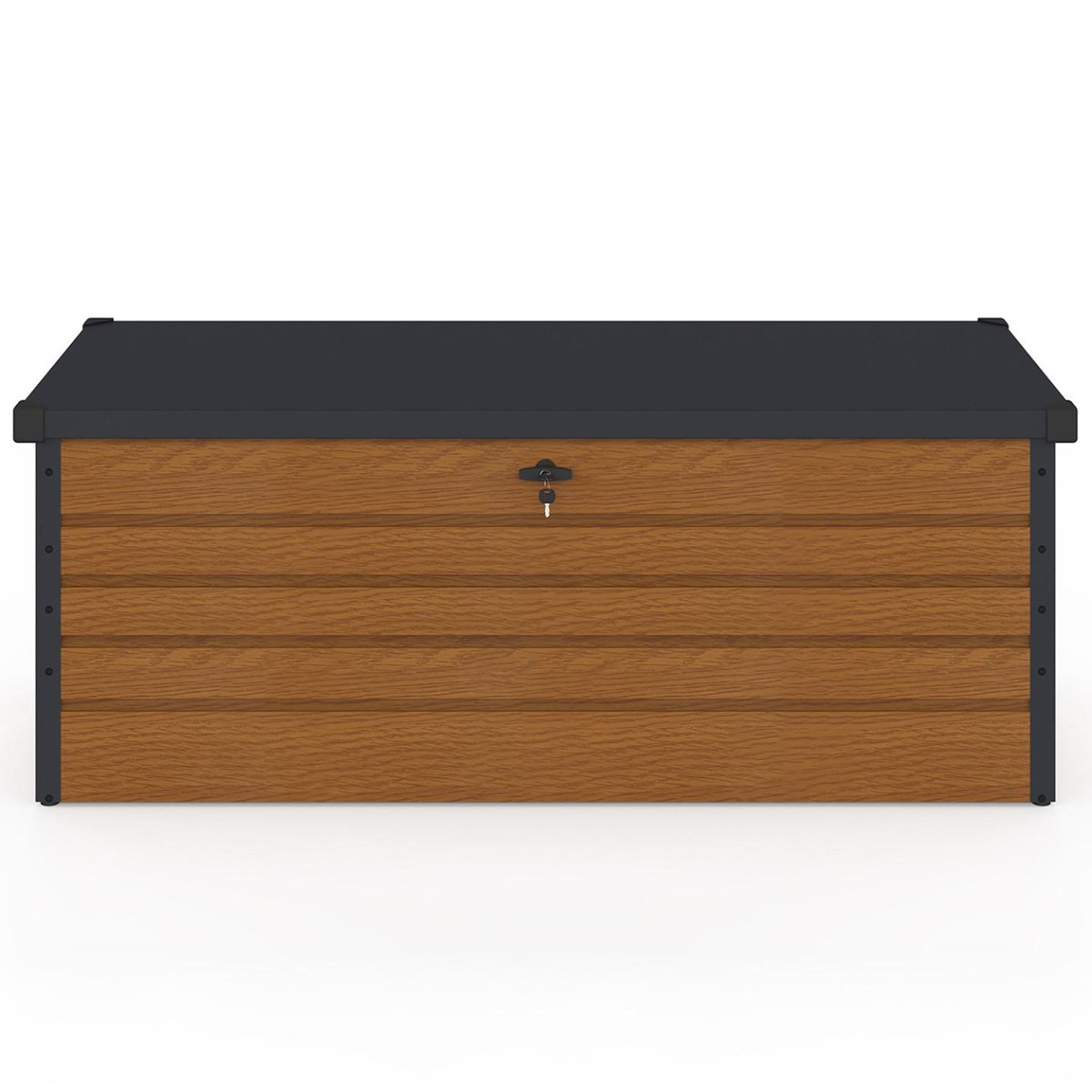 ID MARKET Coffre de rangement métal verrouillable effet bois et gris pour jardin 600L 165x70x63 cm