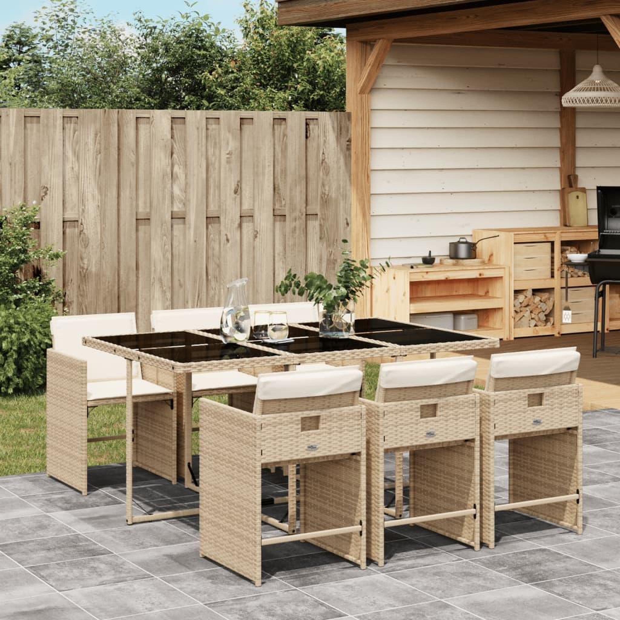 VIDAXL Ensemble a manger de jardin et coussins 7 pcs beige poly rotin