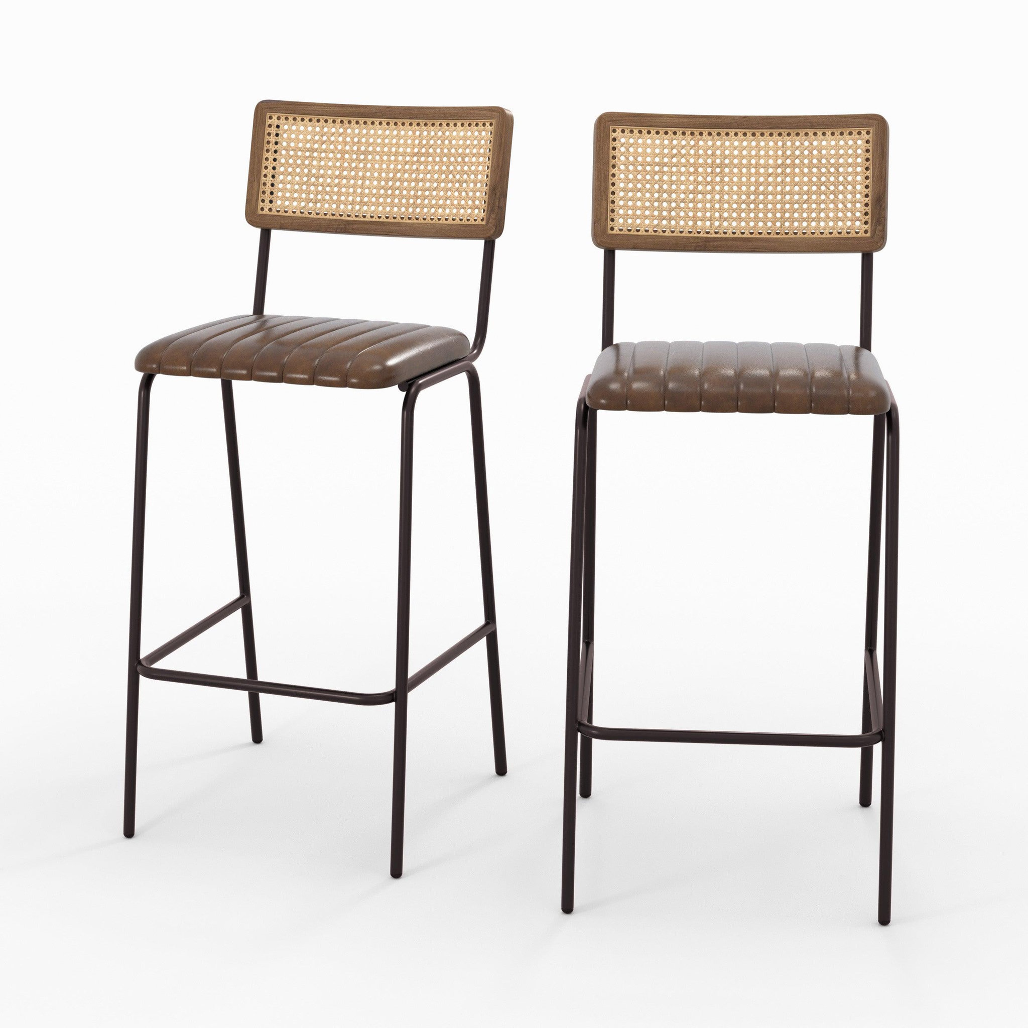 MAISON PAVANE Lot de 2 chaises de bar 76 cm en cannage et cuir marron-arsène