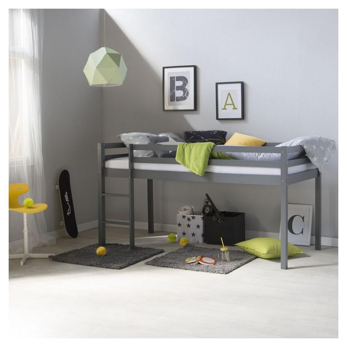 HomeStyle4U Lit gris mi-haut avec matelas sommier à lattes 90x200
