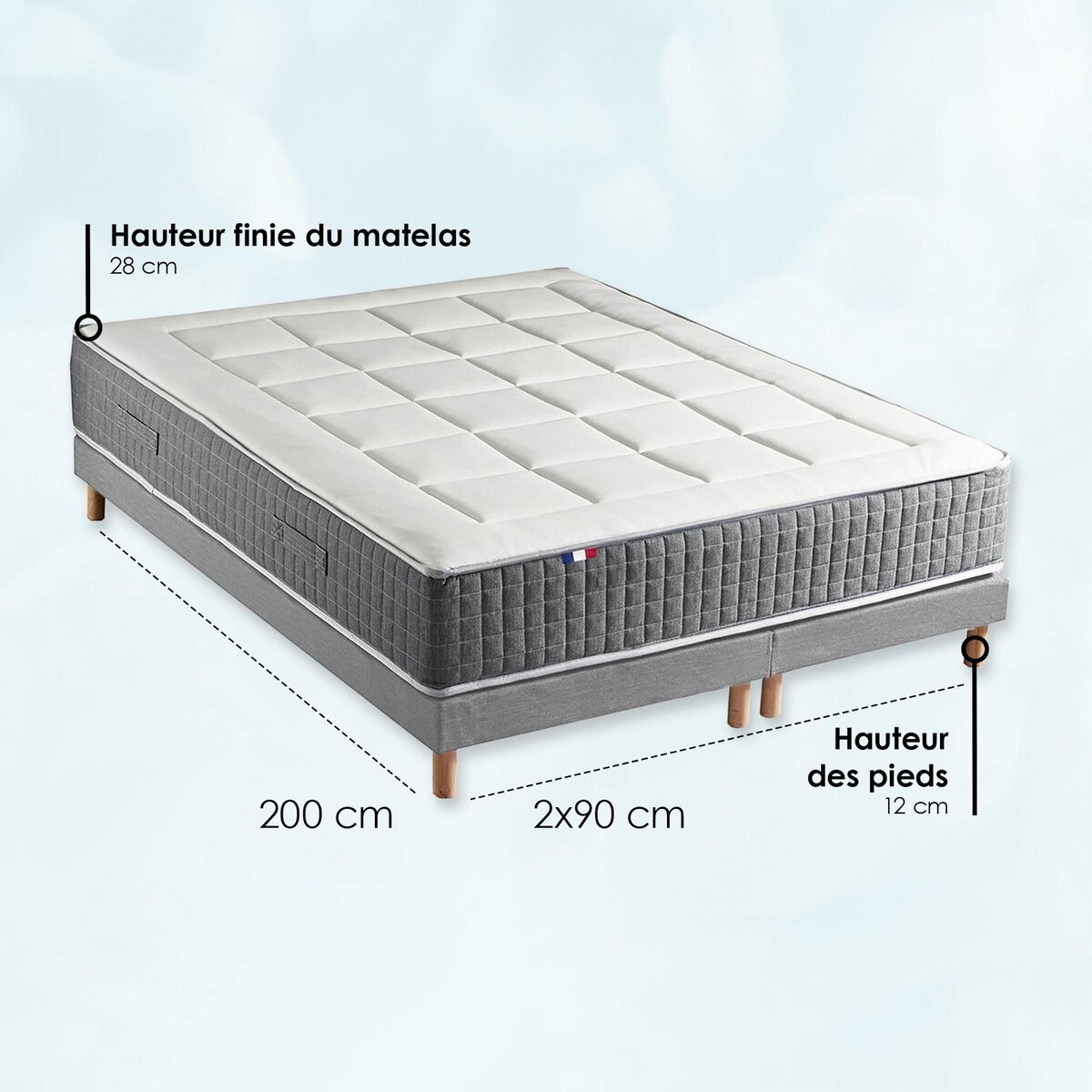 IDLITERIE Ensemble Matelas Ressort 7 zones H.28cm + Sommier Fabriqué en France MAX