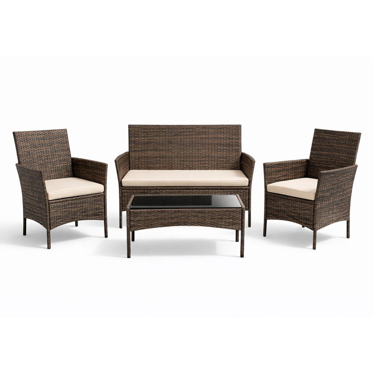 CONCEPT USINE Ensemble de jardin 4 places en résine tressée marron et coussins beige LOOS