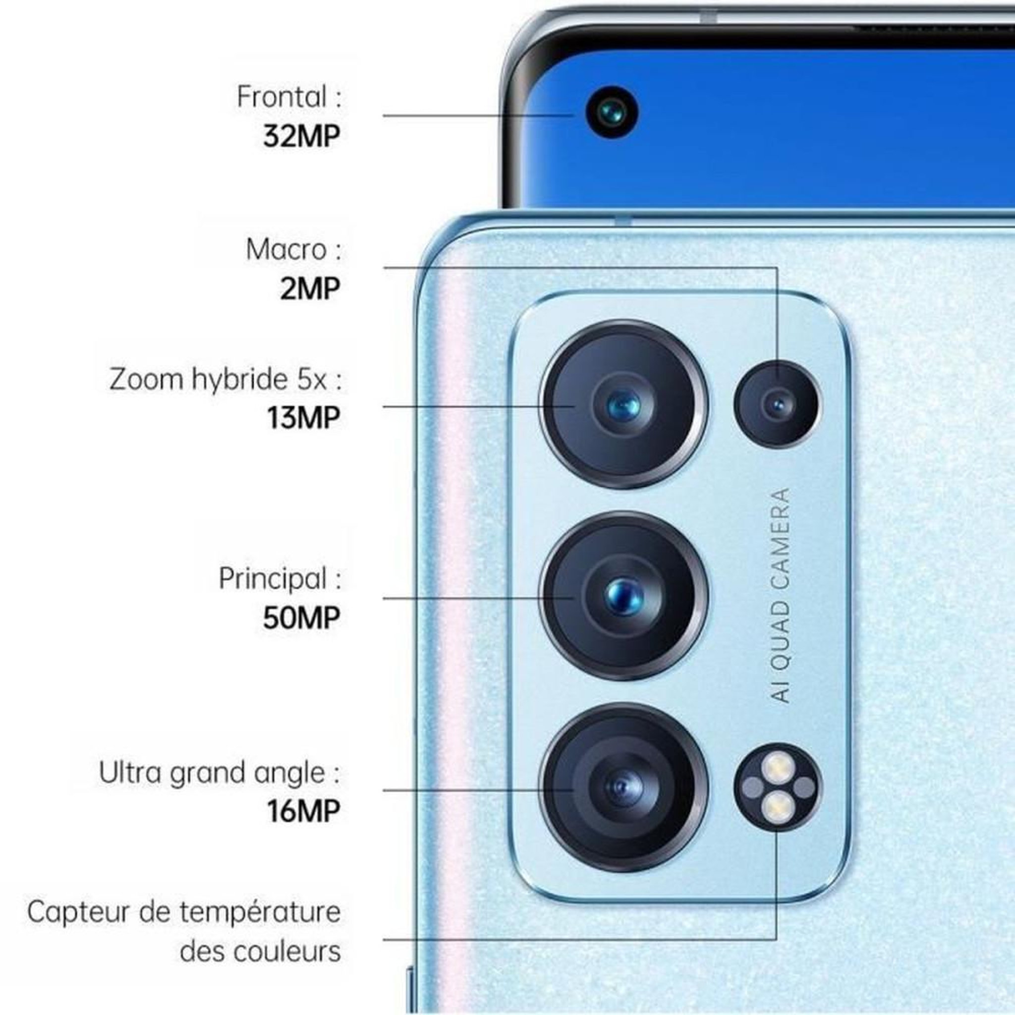 Voir la diapositive 2 : OPPO Smartphone 5G 256 Go AMOLED 90 Hz Dual SIM Bleu Arctique