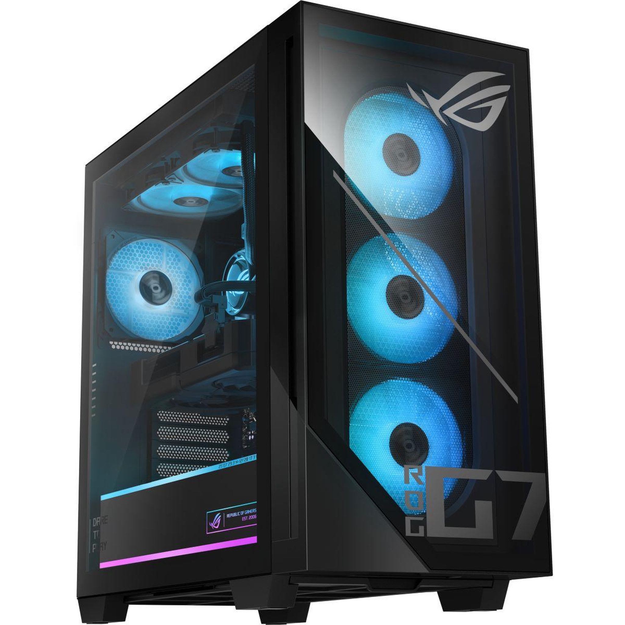Voir la diapositive 1 : ASUS PC Gamer ROG GM700TZ – AMD Ryzen 7 9700X – AMD Radeon RX 9060 XT – 32 Go RAM DDR5 – SSD 2 To X088W
