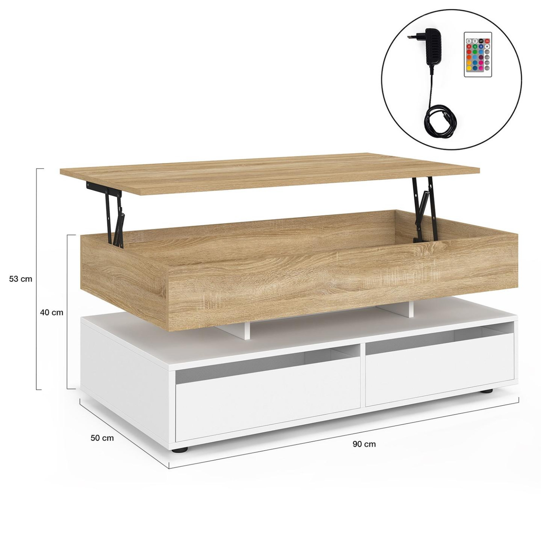 Voir la diapositive 5 : ID MARKET Table basse plateau relevable rectangulaire elsa 90 cm 4 tiroirs avec led en bois blanc et plateau façon hêtre