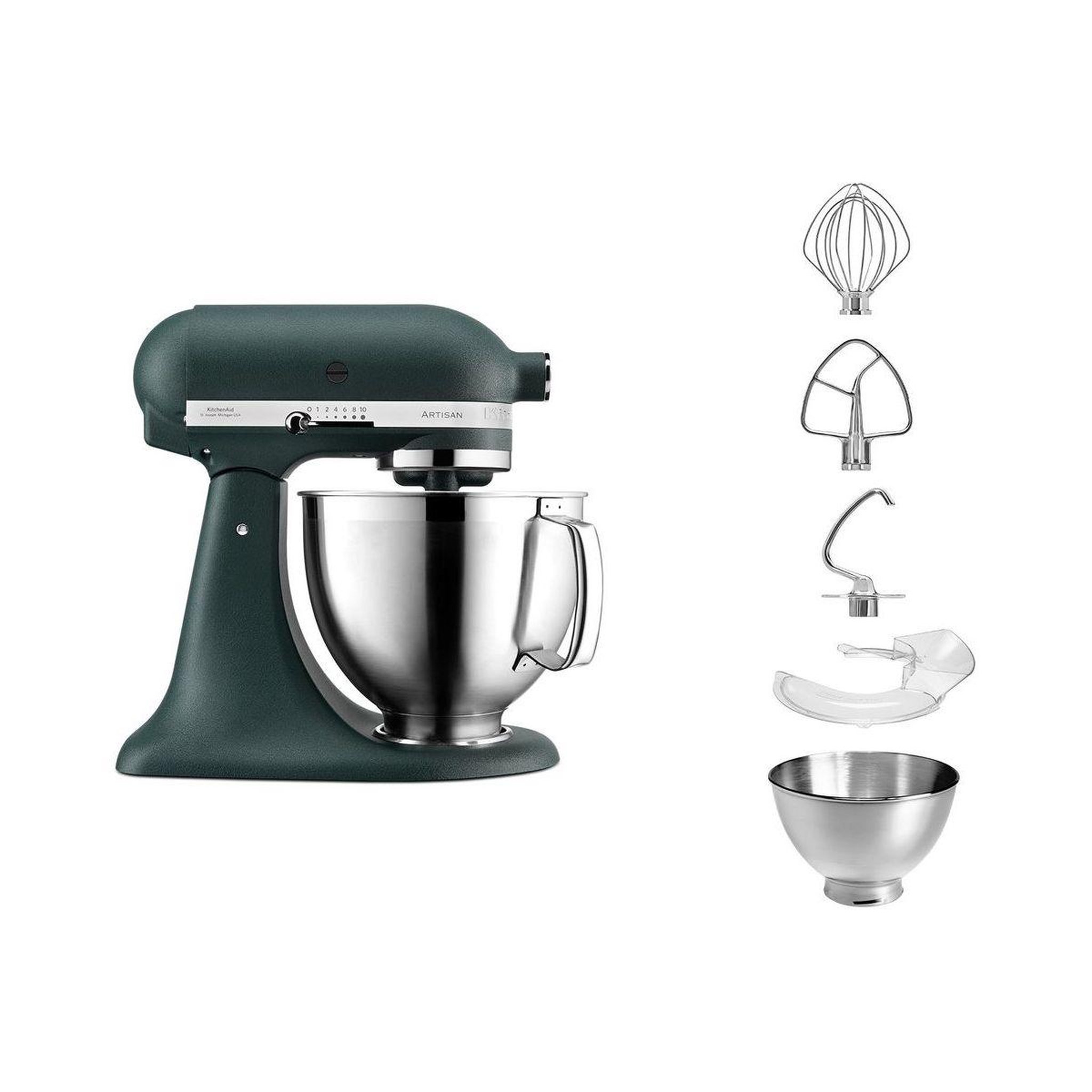 KitchenAid Robot pâtissier 5KSM185PSEPP Artisan vert sapin, 4,8 L, accessoires inox, bol 3L, couvercle antiprojections