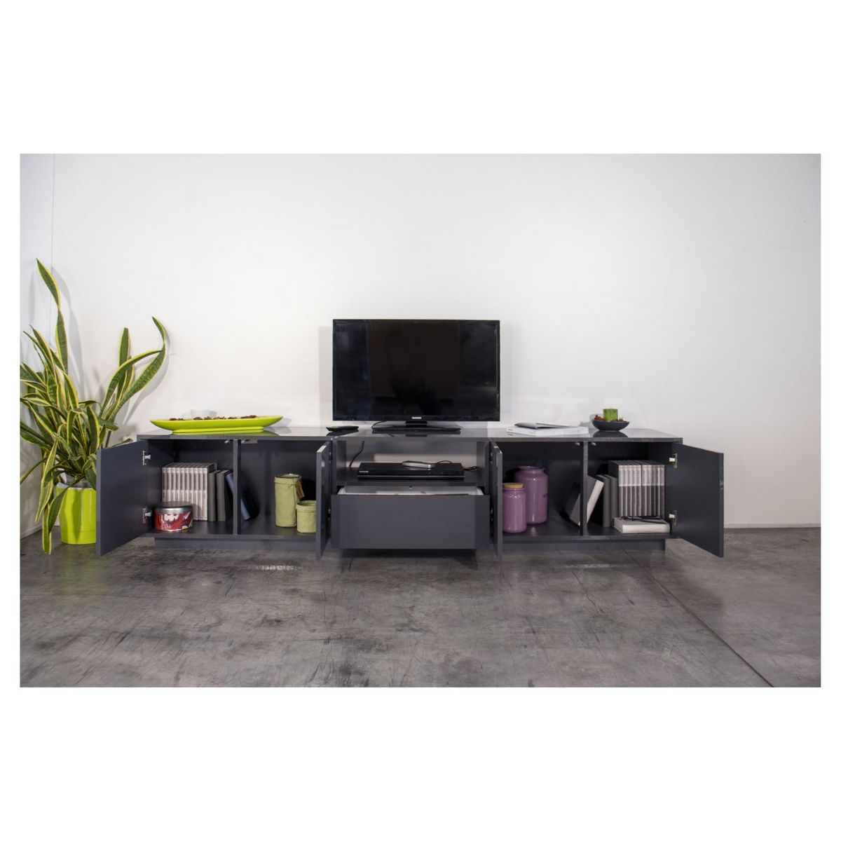 Meuble TV moderne 4 portes 1 tiroir 220 cm LUCERA