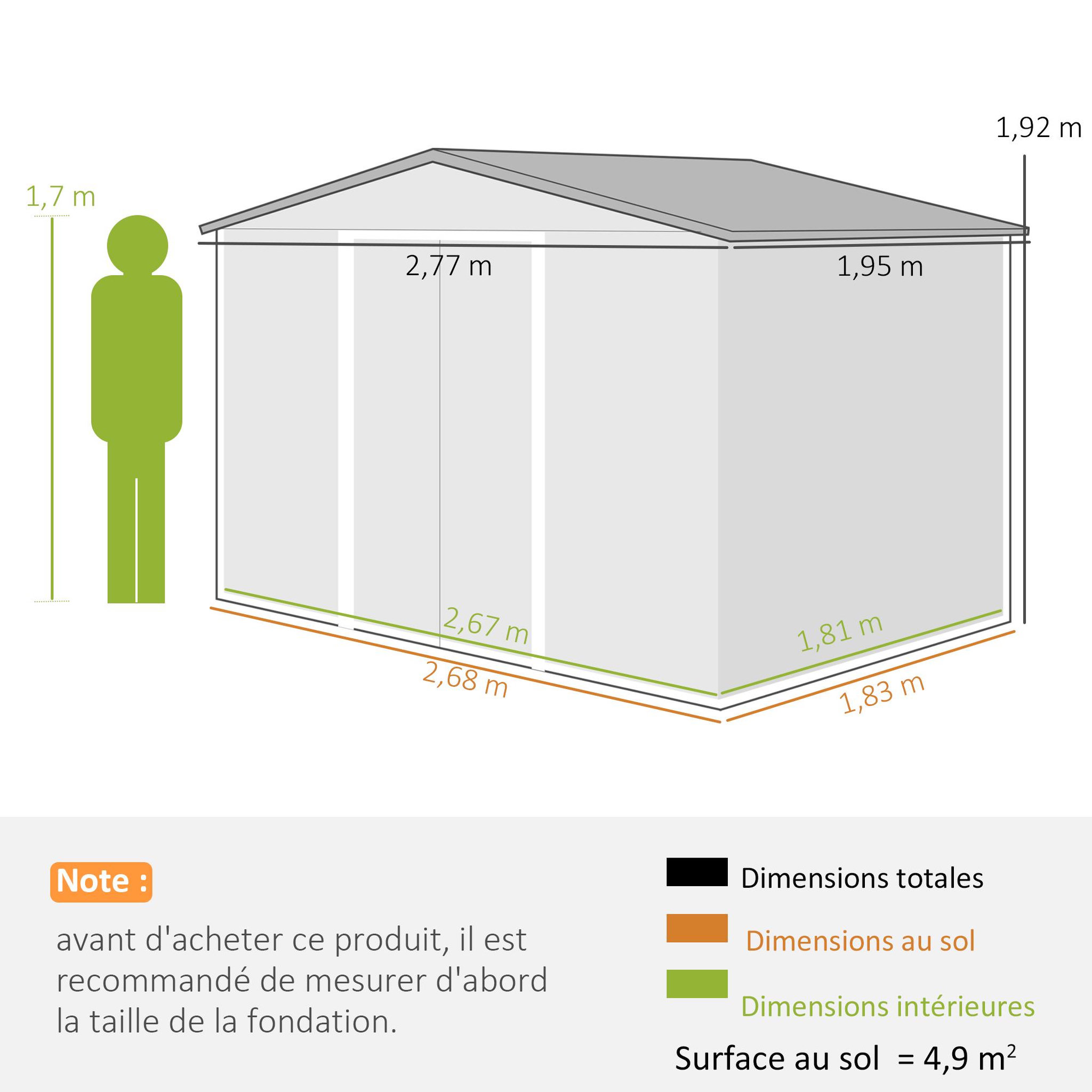 Voir la diapositive 3 : OUTSUNNY Abri de jardin - remise pour outils - cabanon double porte coulissante - fondation incluse - dim. 277L x 191l x 192H cm - tôle d'acier ondulée vert clair