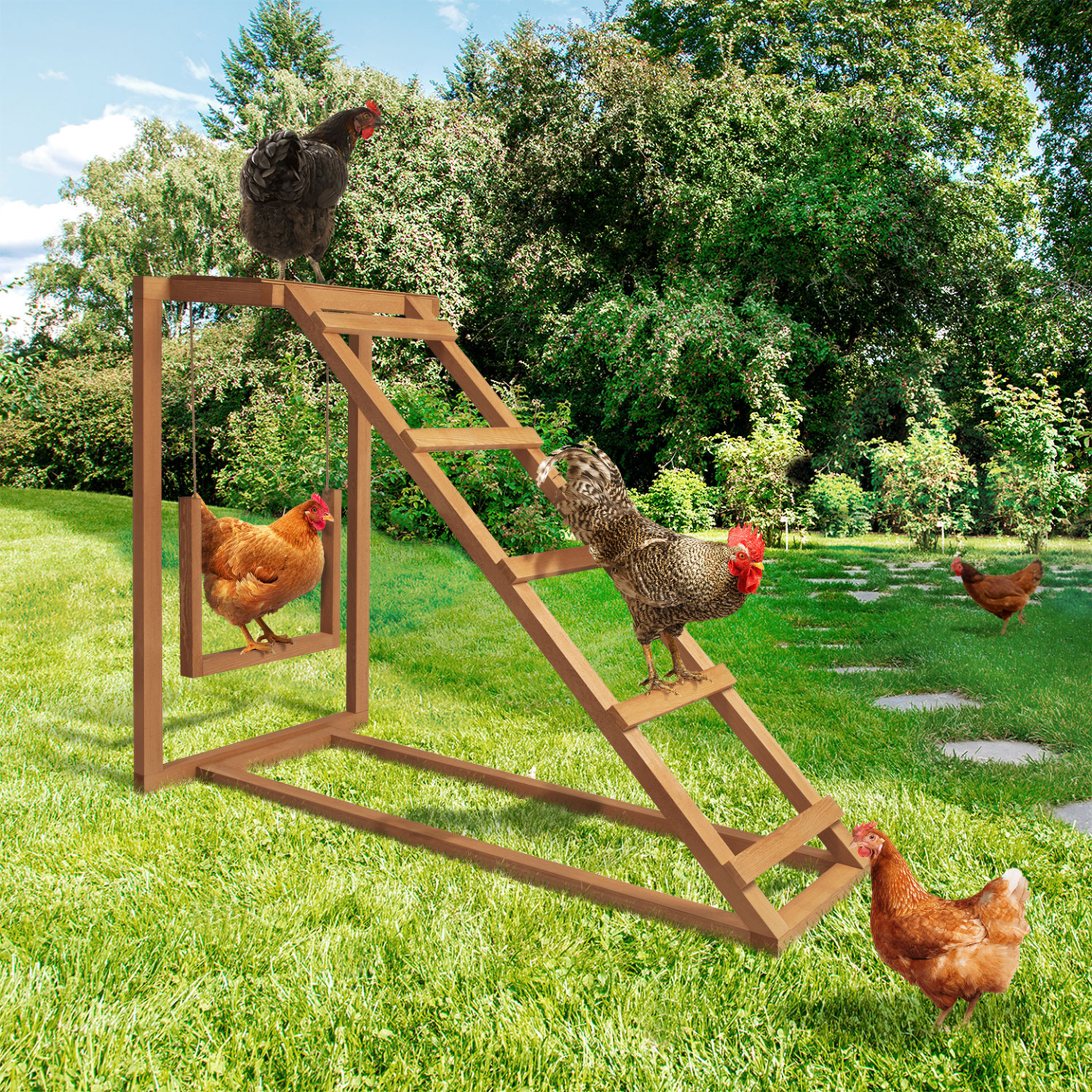 Voir la diapositive 2 : ID MARKET Aire de jeux en bois pour poules avec balançoire et perchoir