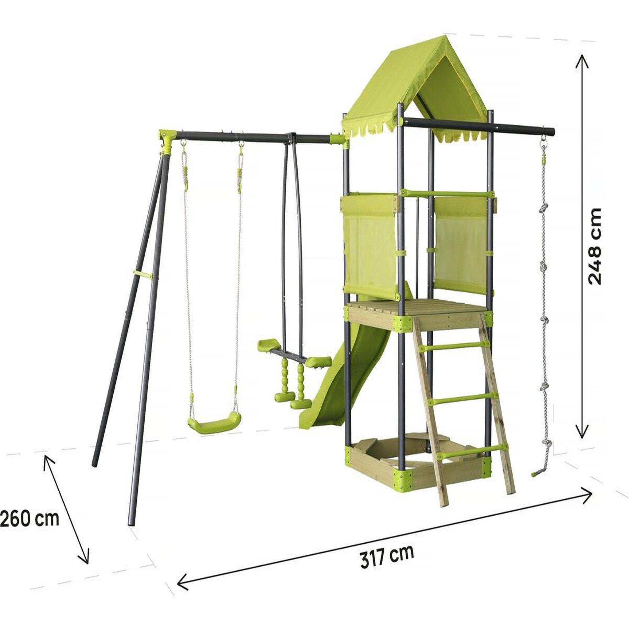 Voir la diapositive 3 : Habitat et Jardin Aire de jeu portique en métal avec toboggan et bac a sable  sohane   - vert