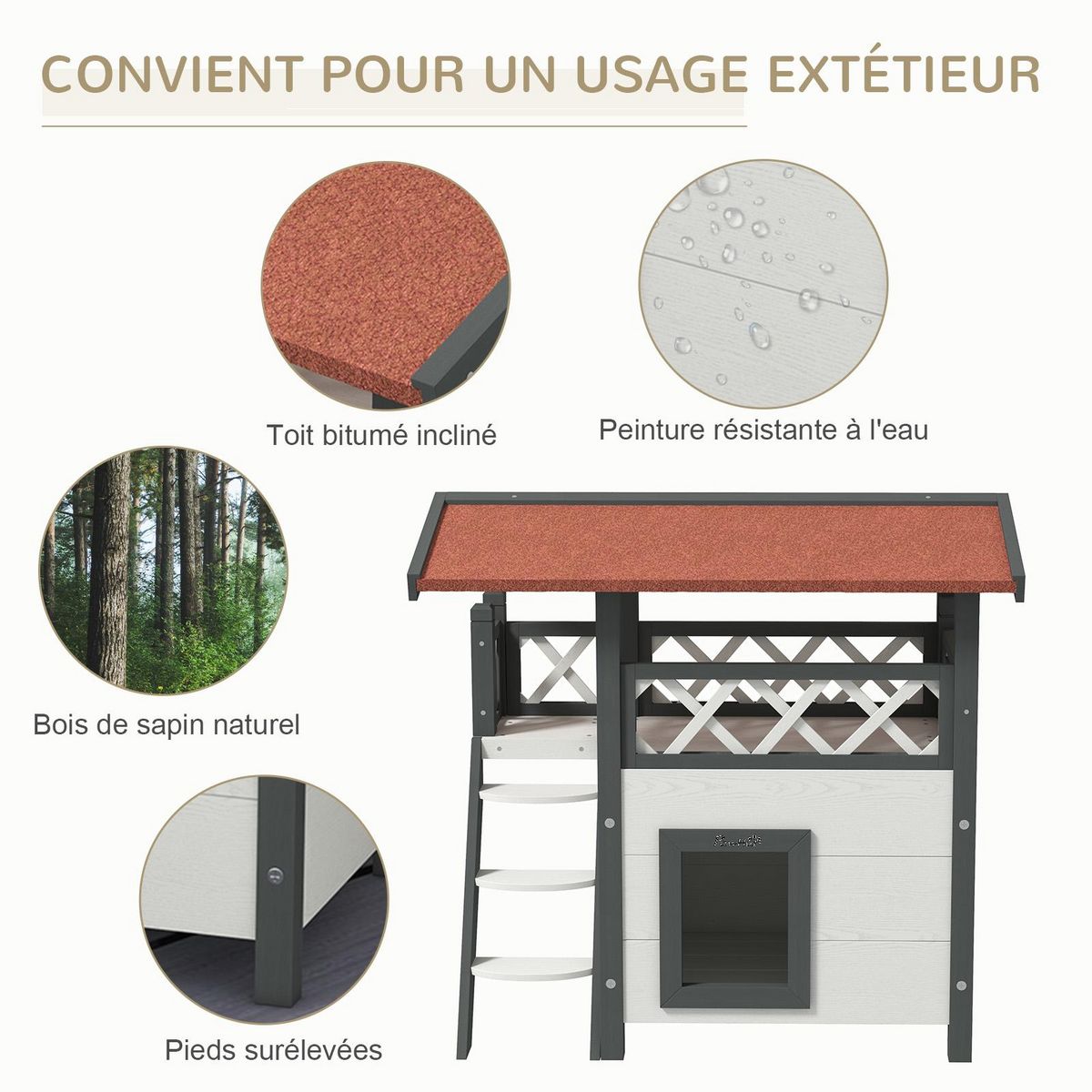 PAWHUT Maison lodge pour chat - niche villa avec terrasse, escalier, toit - bois sapin gris blanc toit bitumé rouge