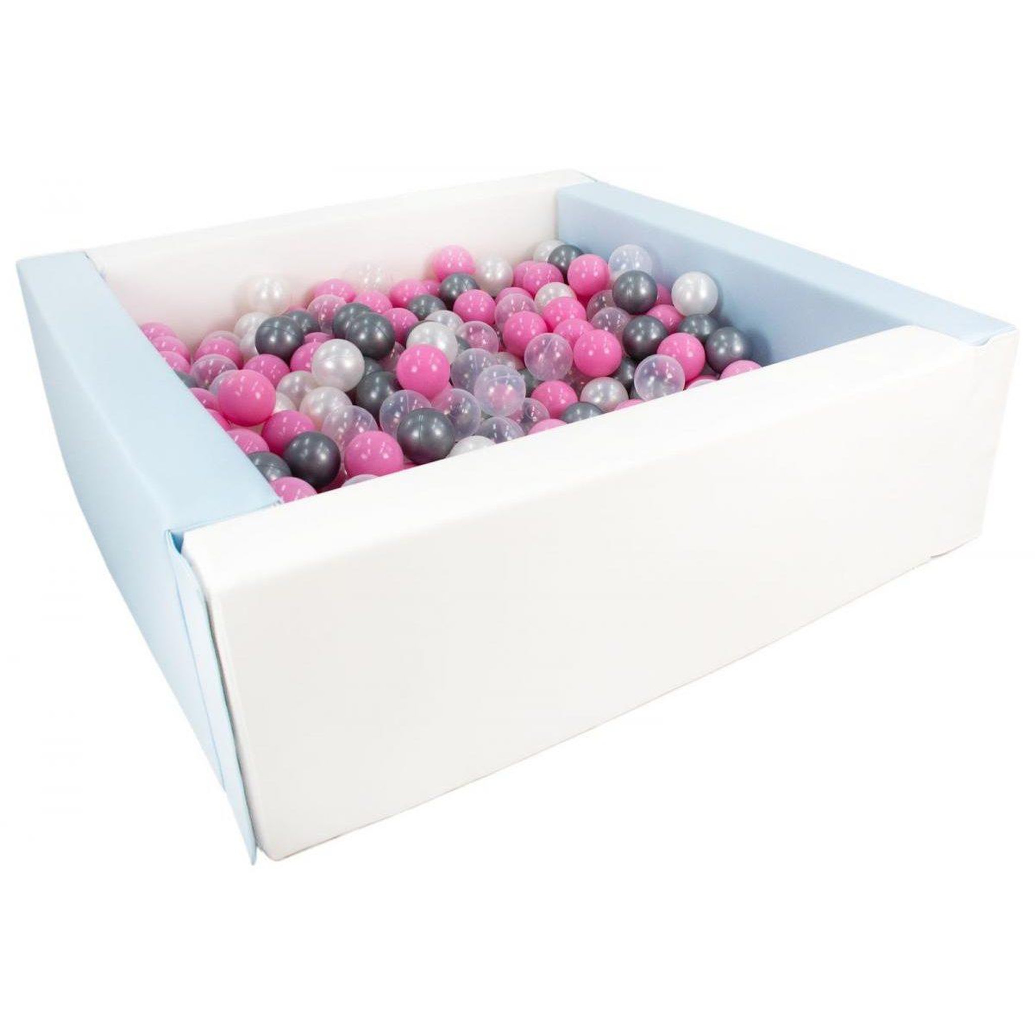 VELINDA Piscine à balles carrée avec 300 balles - blanc, bleu pastel/perle, transparent, rose clair, argent