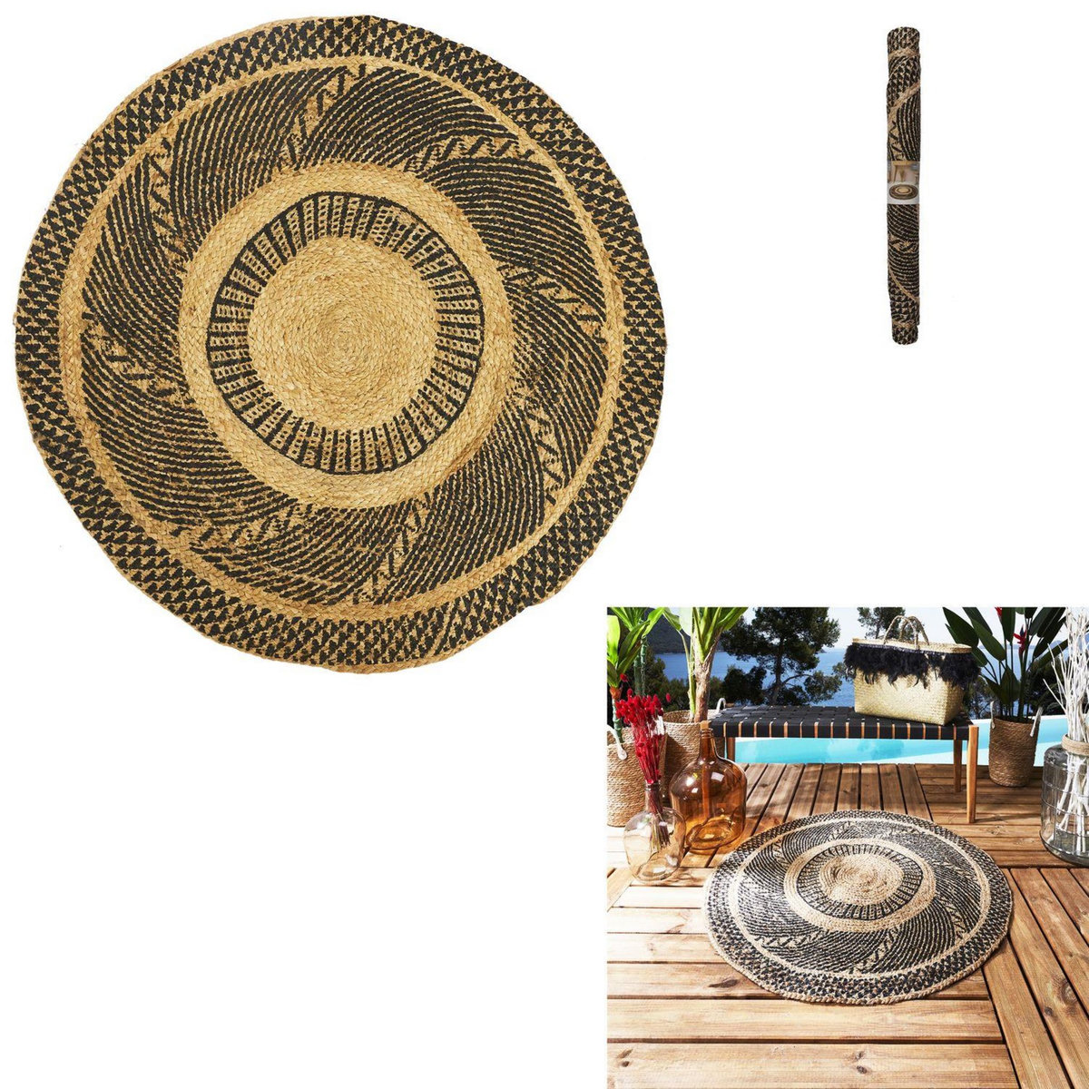 TOILINUX Tapis rond en Jute avec imprimé