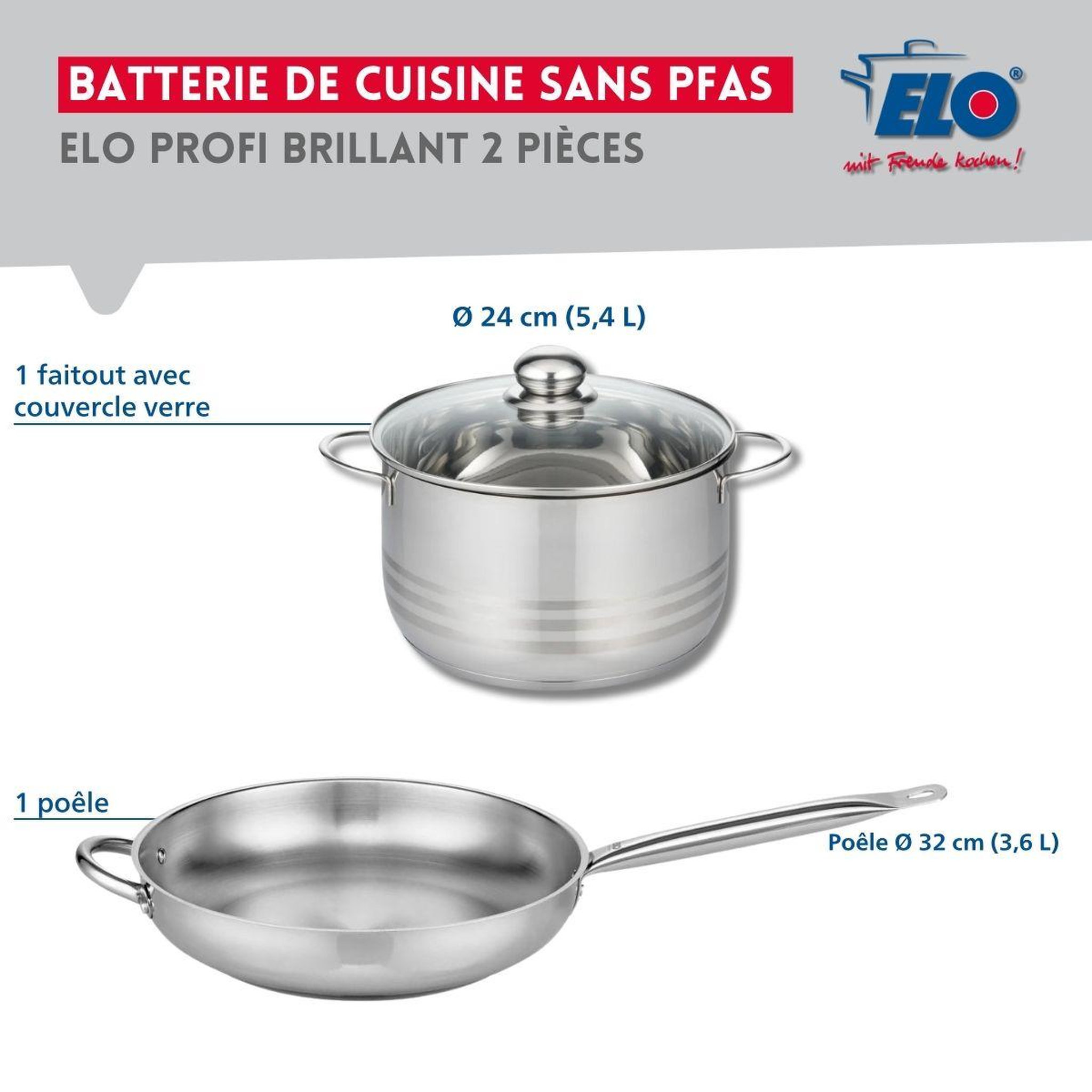 Voir la diapositive 2 : ELO Ensemble de 1 poêle de cuisson 32 cm et 1 faitout 24 cm elo profi brillant