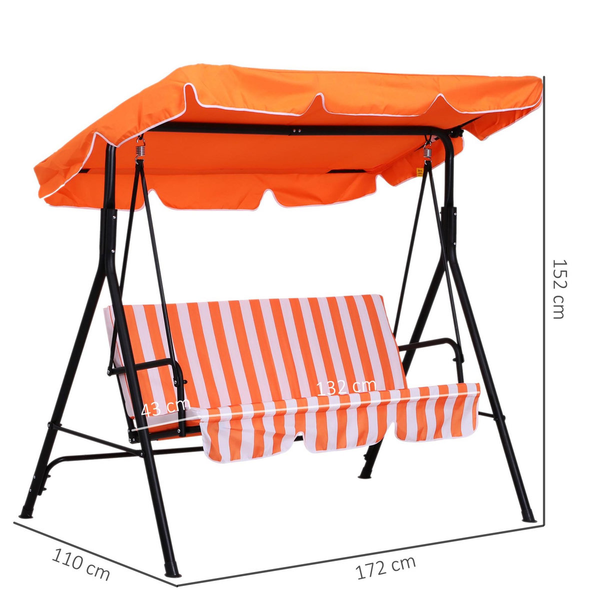 OUTSUNNY Balancelle de jardin 3 places toit inclinaison réglable coussins assise et dossier 1,72L x 1,1l x 1,52H m acier noir polyester orange