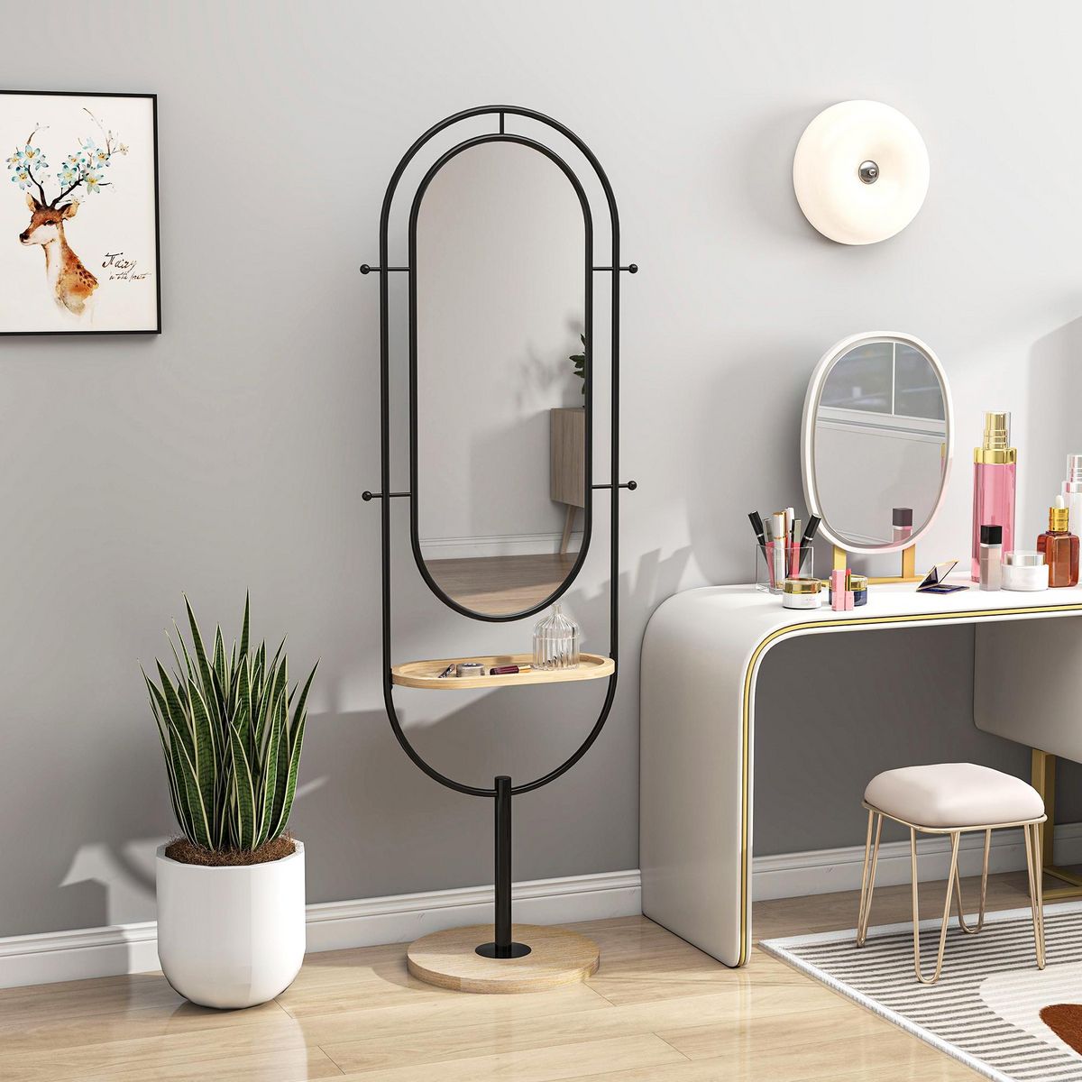 HOMCOM Miroir étagère design H.175 cm - miroir sur pied - tablette, 4 patères - métal noir bois hévéa verni naturel
