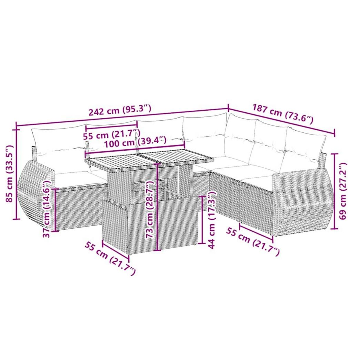 VIDAXL Salon de jardin avec coussins 7 pcs beige resine tressee