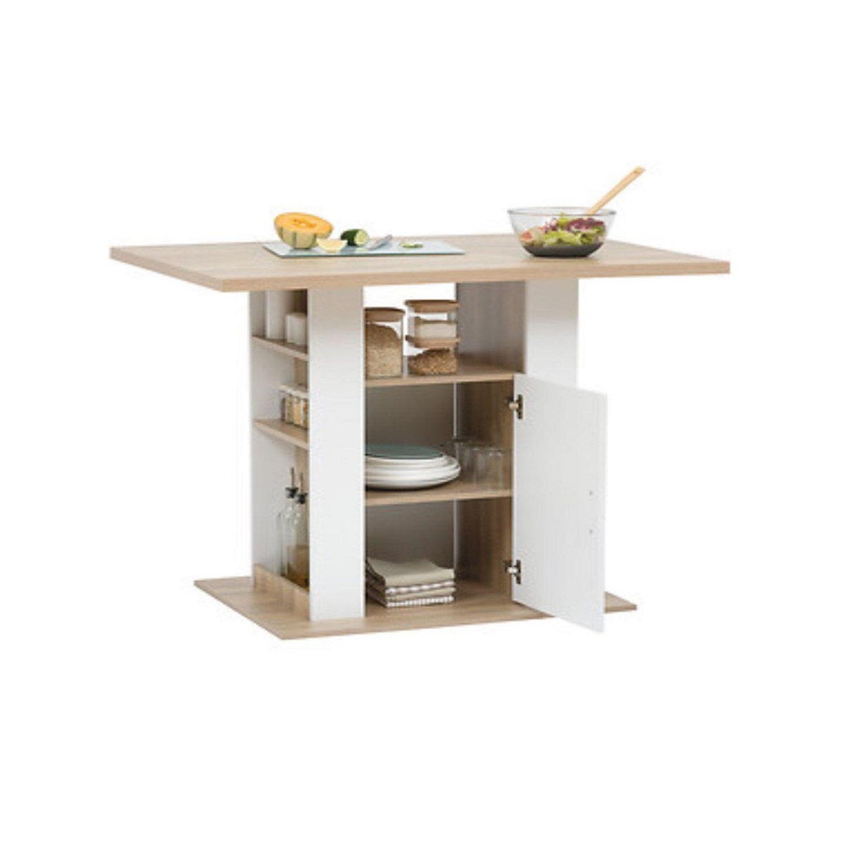 FIVE Ilot de cuisine effet bois naturel - Blanc et beige