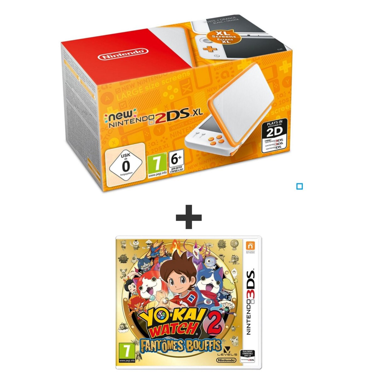 Console New Nintendo 2DS XL BLANC/ORANGE + YO KAI WATCH 2 : Fantômes Bouffis