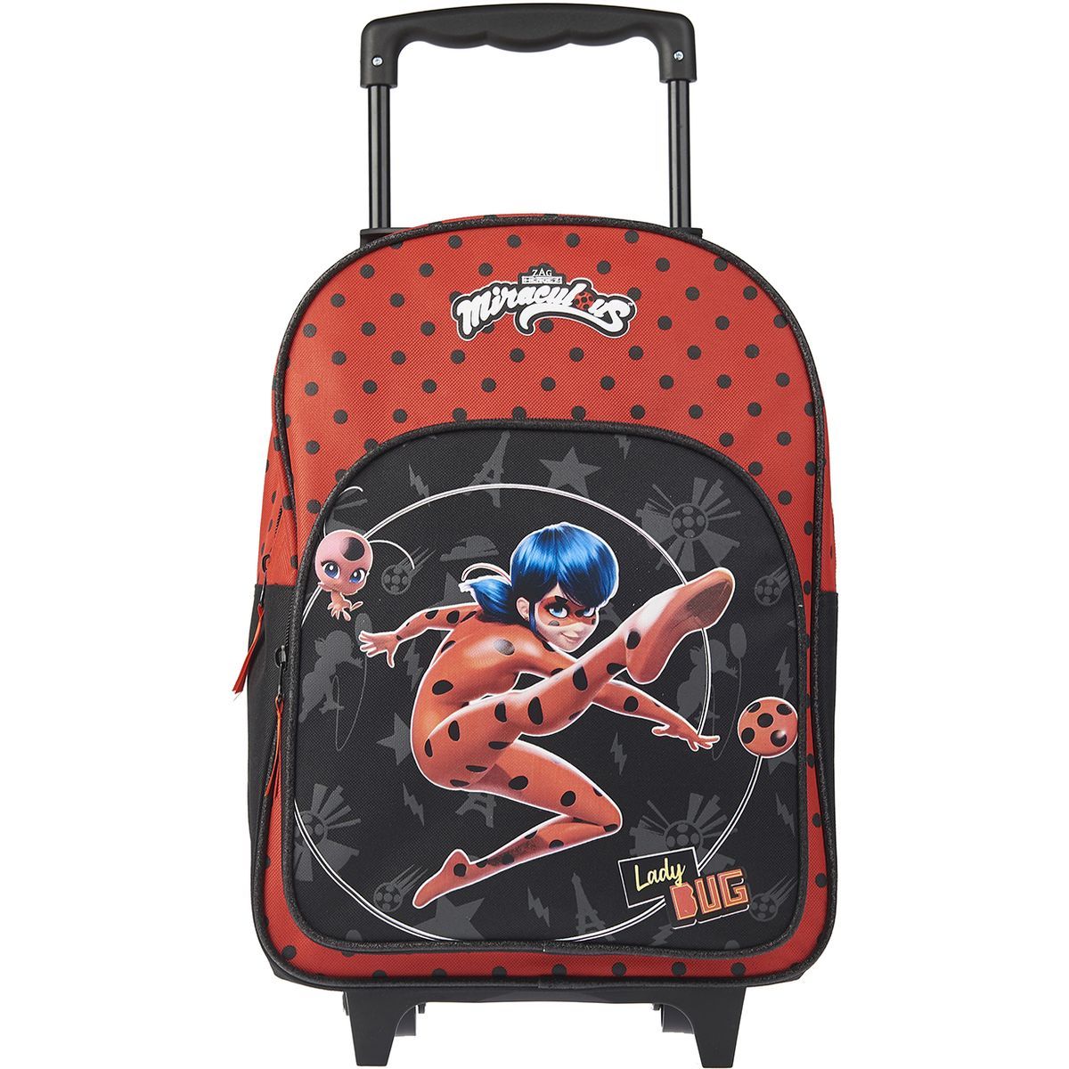 Sac maternelle à roulettes 38 cm CP/CE1/CE2 noir et rouge MIRACULOUS