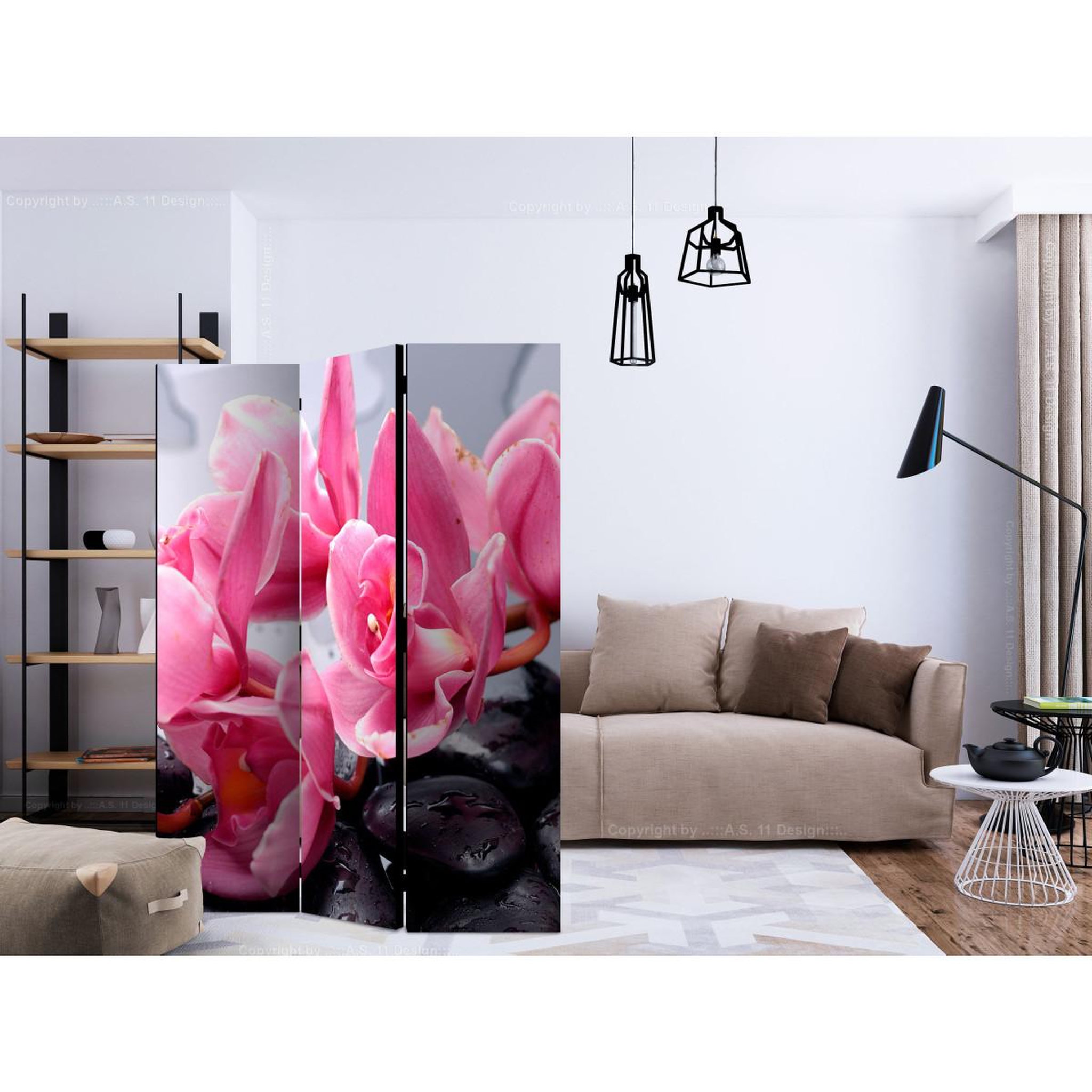 Voir la diapositive 2 : Paris Prix Paravent 3 volets  orchid flowers with zen stones  135x172cm