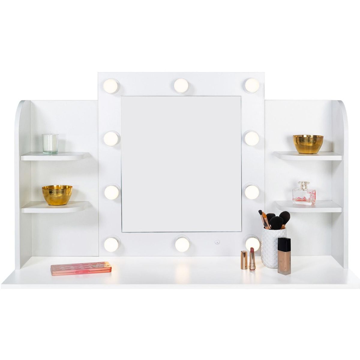 ID MARKET Coiffeuse ZELIA blanche table de maquillage 4 étagères, miroir LED et tabouret