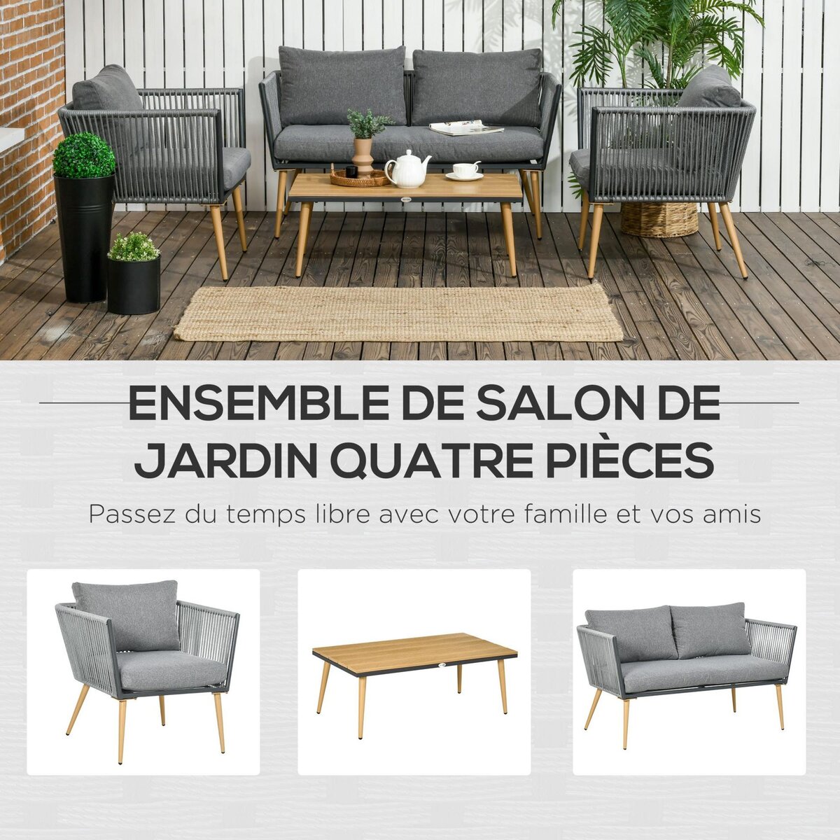 OUTSUNNY Salon de jardin 4 places 4 pièces design scandinave acier époxy résine filaire PE coussins inclus gris