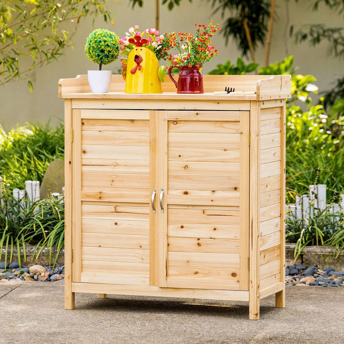 OUTSUNNY Armoire de jardin sur pied avec plateau - double porte, étagère - bois de sapin pré-huilé
