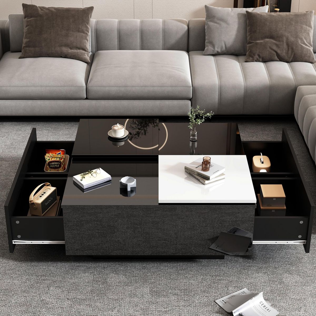 MERAX Table Basse Carrée Avec 4 Tiroirs Et 2 Plateaux Coulissants Noir