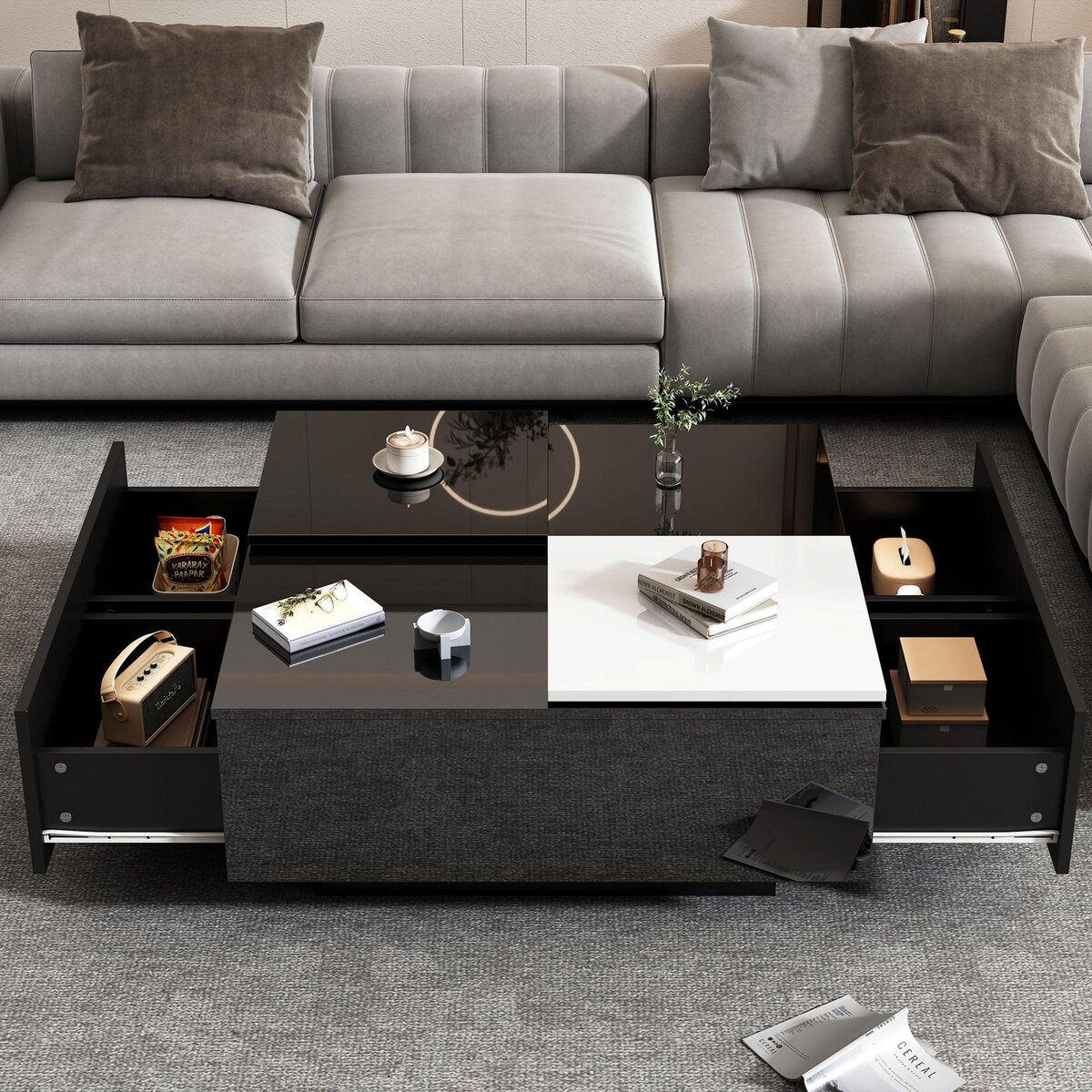 MERAX Table Basse Carrée Avec 4 Tiroirs Et 2 Plateaux Coulissants Noir