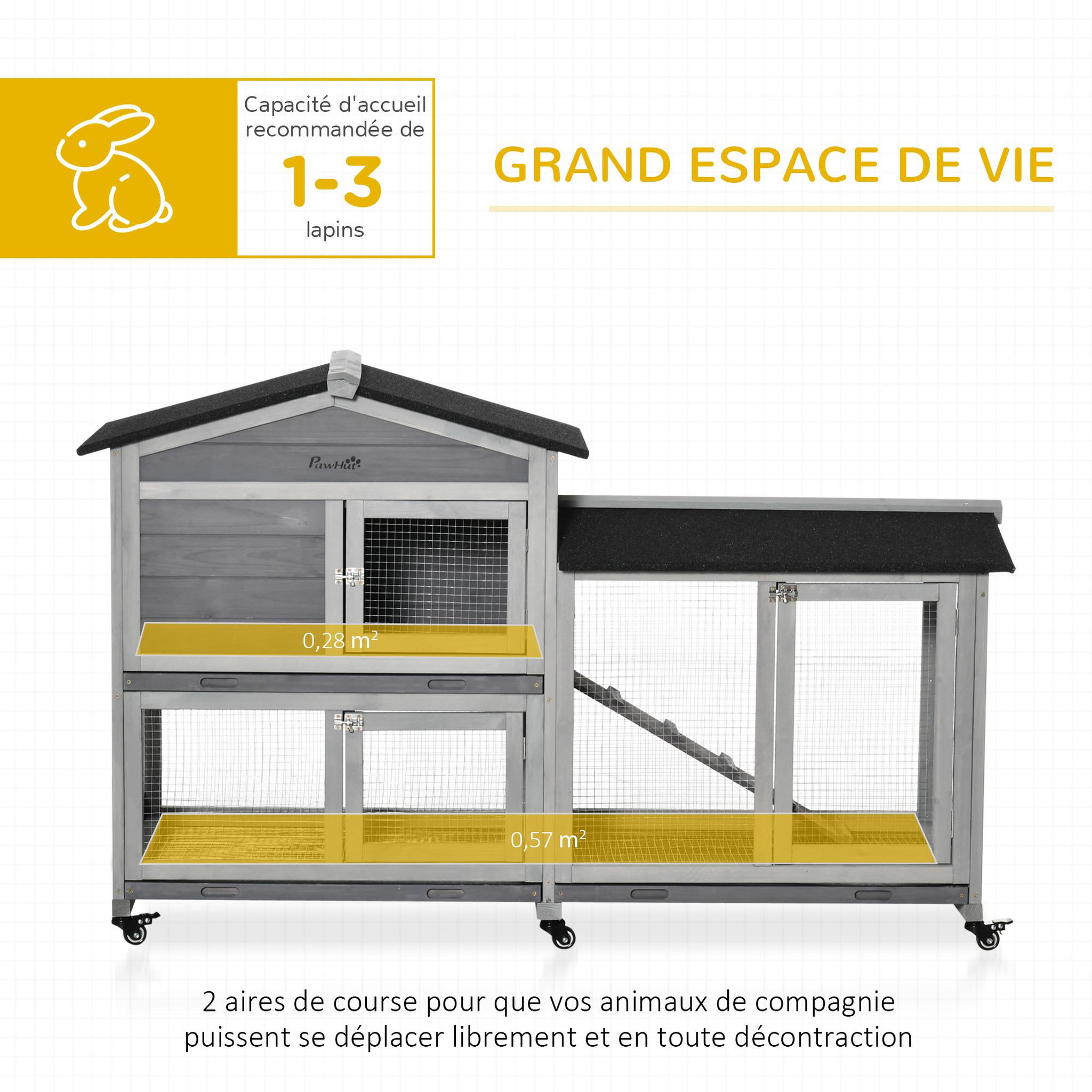 Voir la diapositive 4 : PAWHUT Clapier bois sur roulettes 2 niv. 3 plateaux déjections coulissants sapin gris pré-huilé
