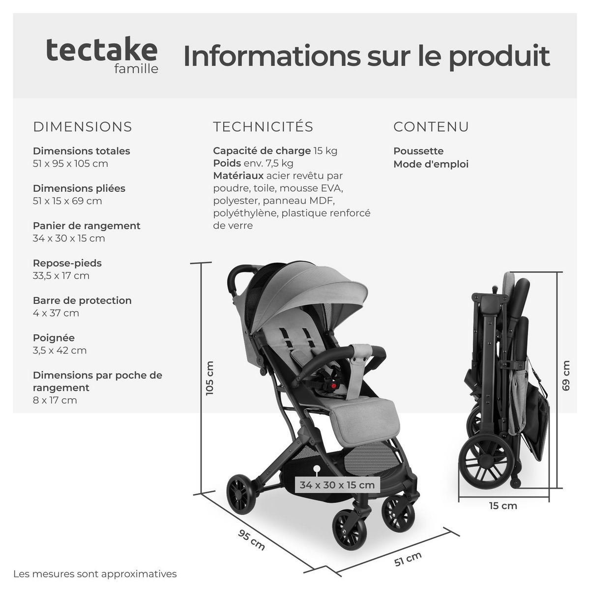 tectake Poussette buggy pliage à une main avec harnais à 5 points, frein de stationnement et arceau de sécurité gris