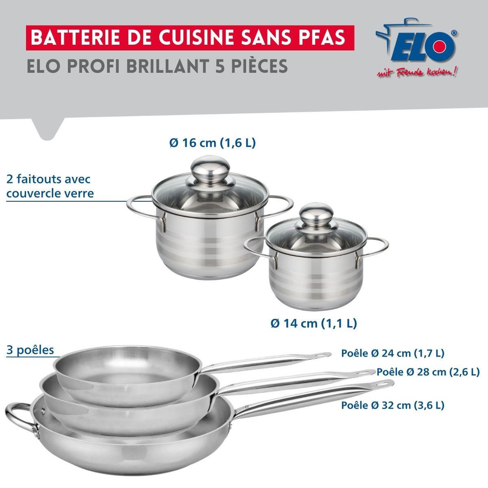 Voir la diapositive 2 : ELO Ensemble de 3 poêles de cuisson 24, 28 et 32 cm et 2 faitouts 14 et 16 cm elo profi brillant