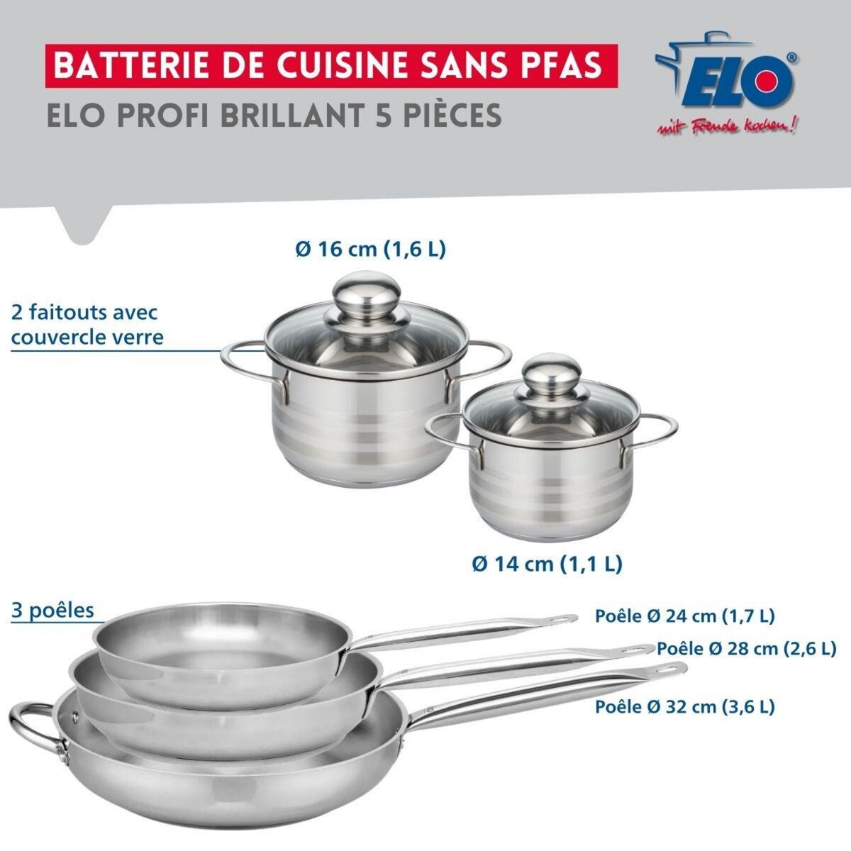 ELO Ensemble de 3 Poêles de cuisson 24, 28 et 32 cm et 2 faitouts 14 et 16 cm Elo Profi Brillant