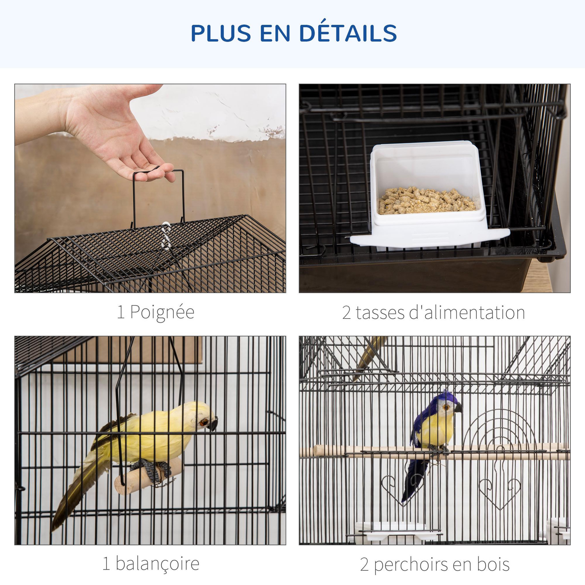 Voir la diapositive 4 : PAWHUT Cage à oiseaux design maison perchoirs mangeoires balançoire 3 portes plateau excrément amovible + poignée transport métal noir