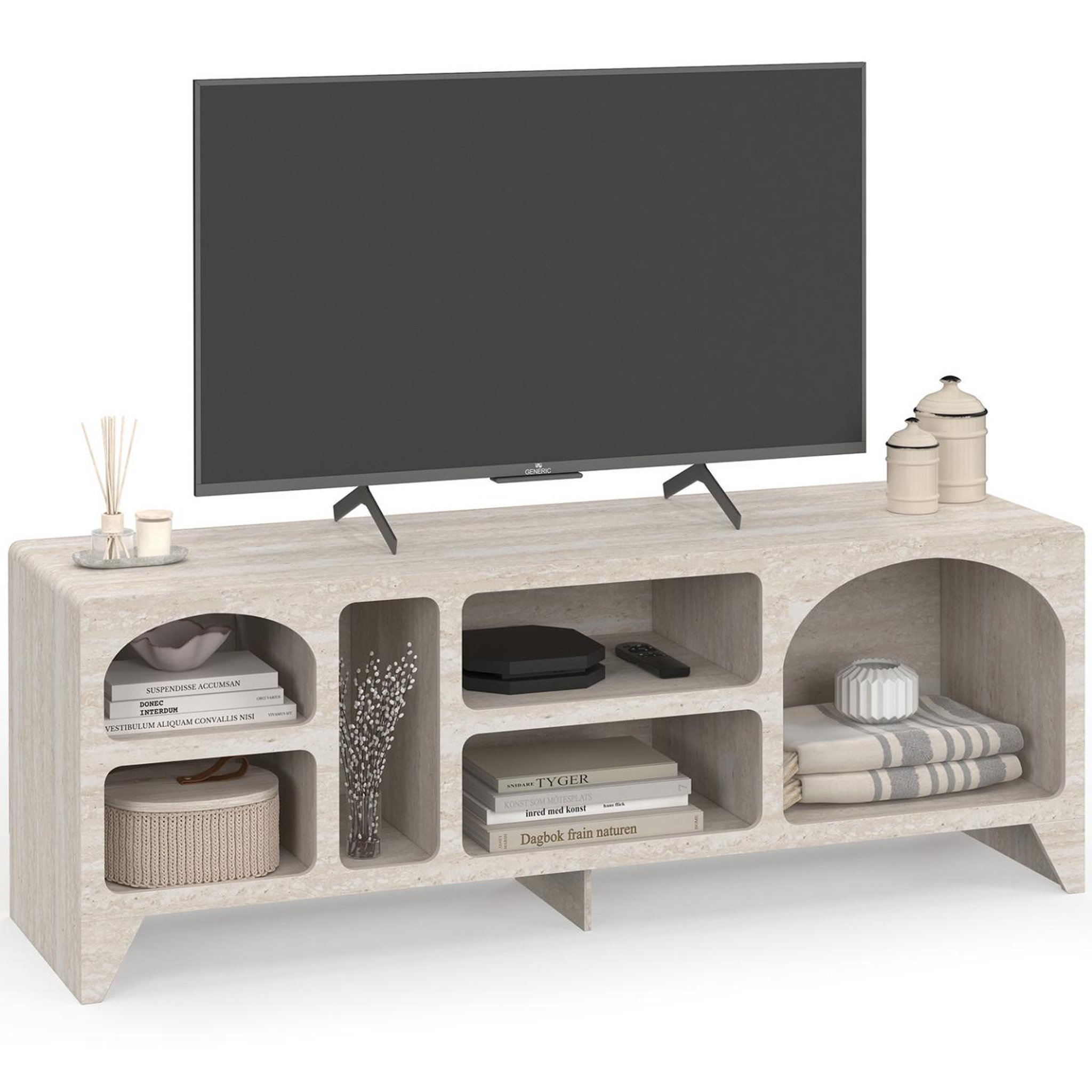 ID MARKET Meuble TV 140 cm organique ALESIA 6 niches bois effet travertin