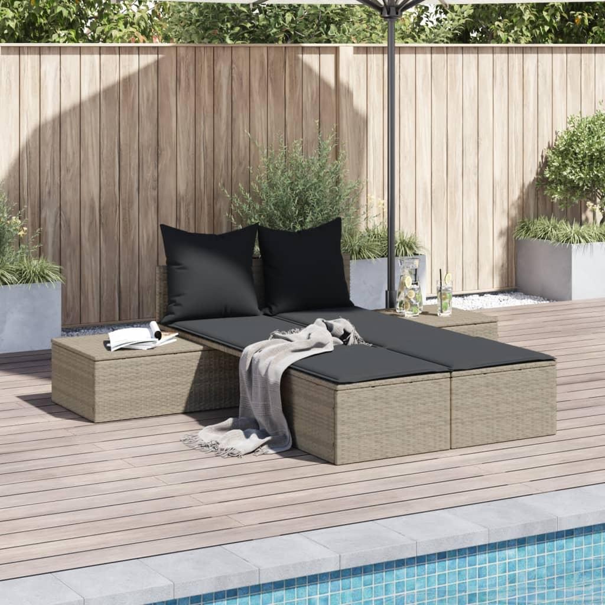 VIDAXL Chaise longue double avec coussins gris clair resine tressee