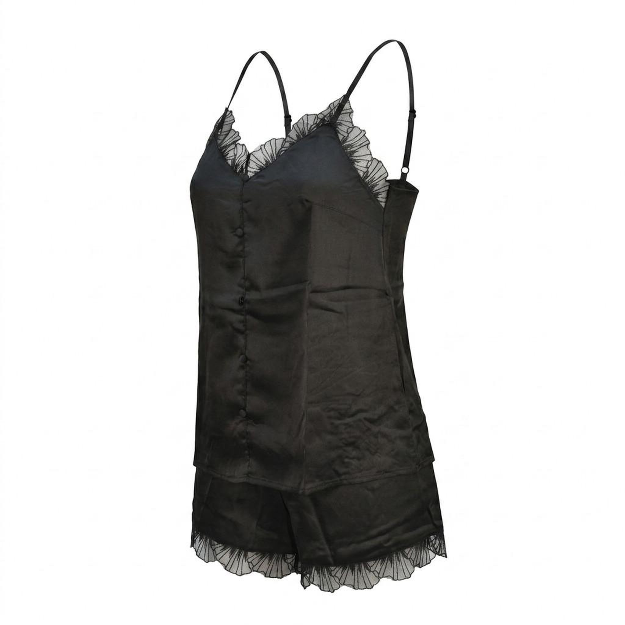 Voir la diapositive 1 : OZABI OZABI Pyjama Femme Satiné Débardeur Col V Dentelle Effet Soie Short