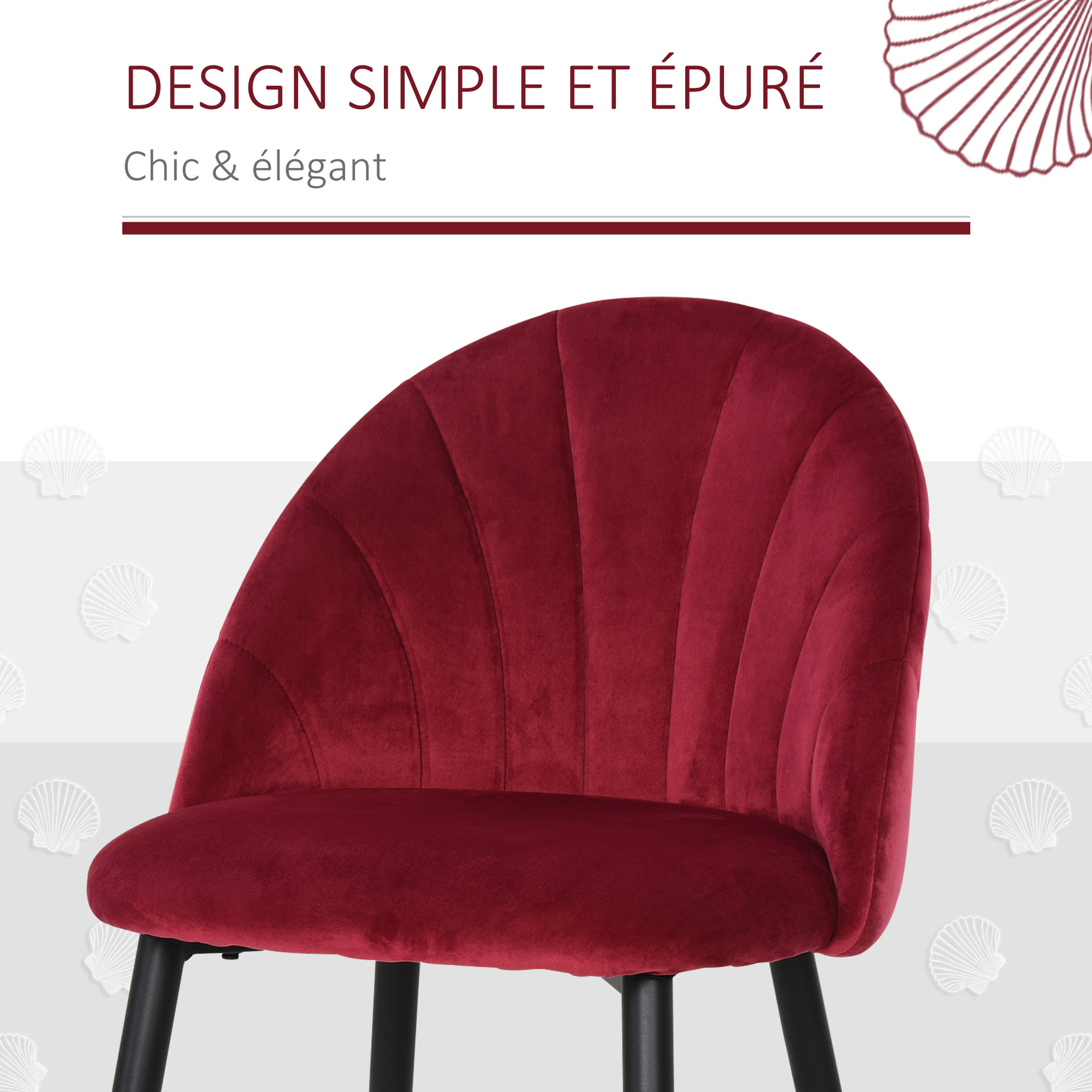 Voir la diapositive 4 : HOMCOM Lot de 2 chaises velours bordeaux pieds métal noir dim. 52L x 54l x 79H cm