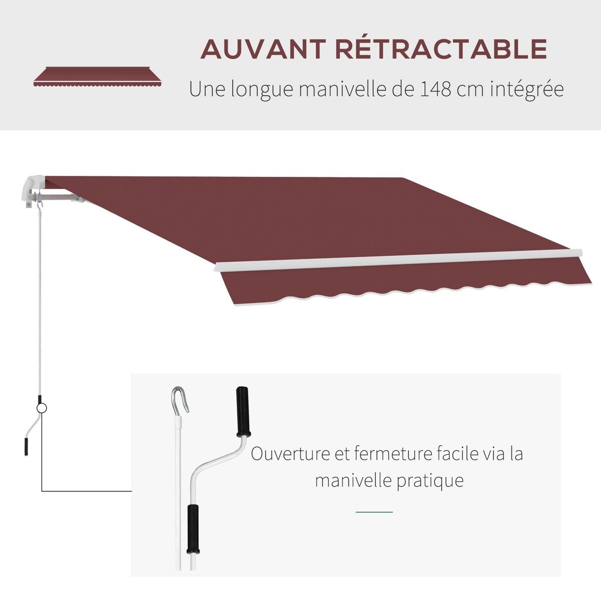 OUTSUNNY Store banne manuel rétractable aluminium polyester imperméabilisé 3,5L x 2,5l m bordeaux