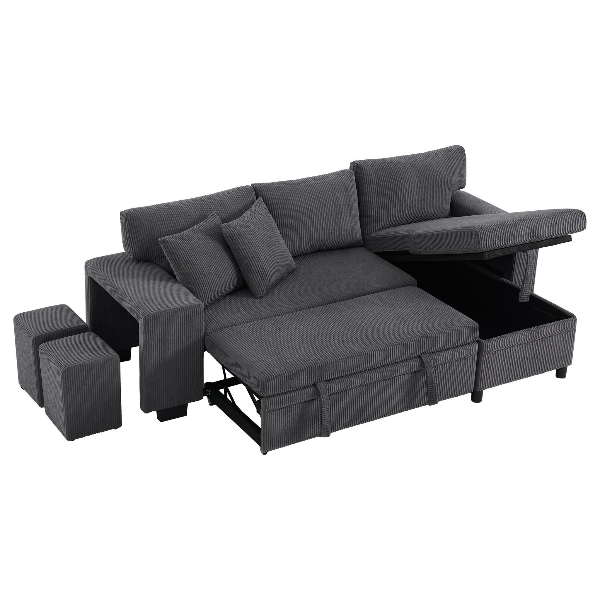 MERAX Canapé d'angle panoramique convertible 3 pl velours côtelé coffre de rangement. Coloris disponibles : Beige, Gris