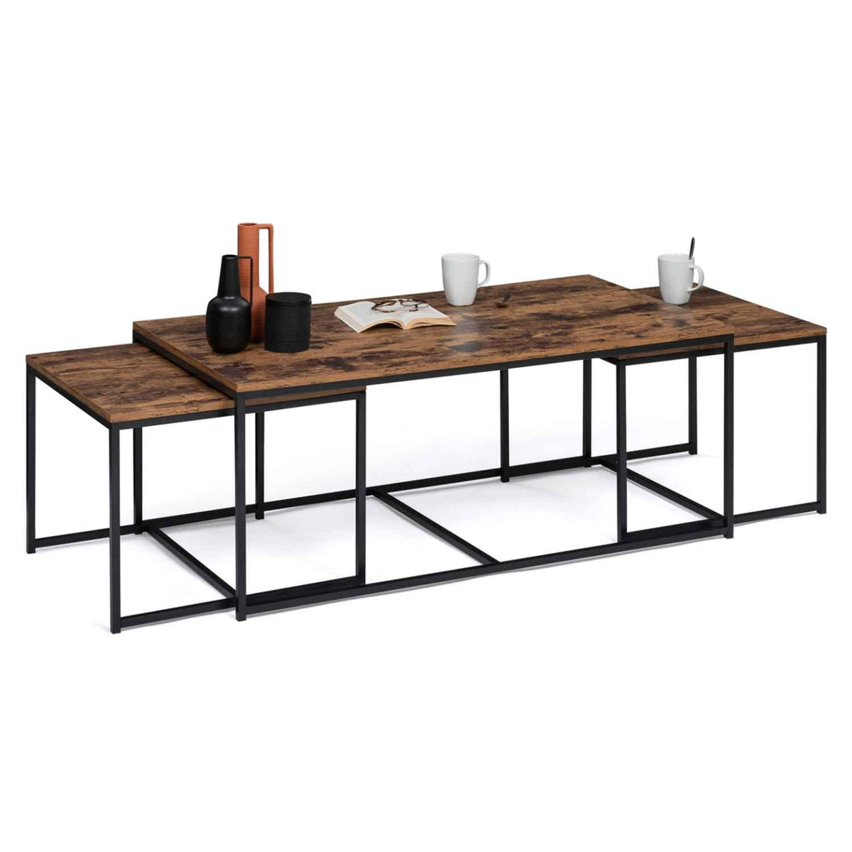 ID MARKET Lot de 3 tables basses gigognes DAYTON 113 cm effet vieilli design industriel