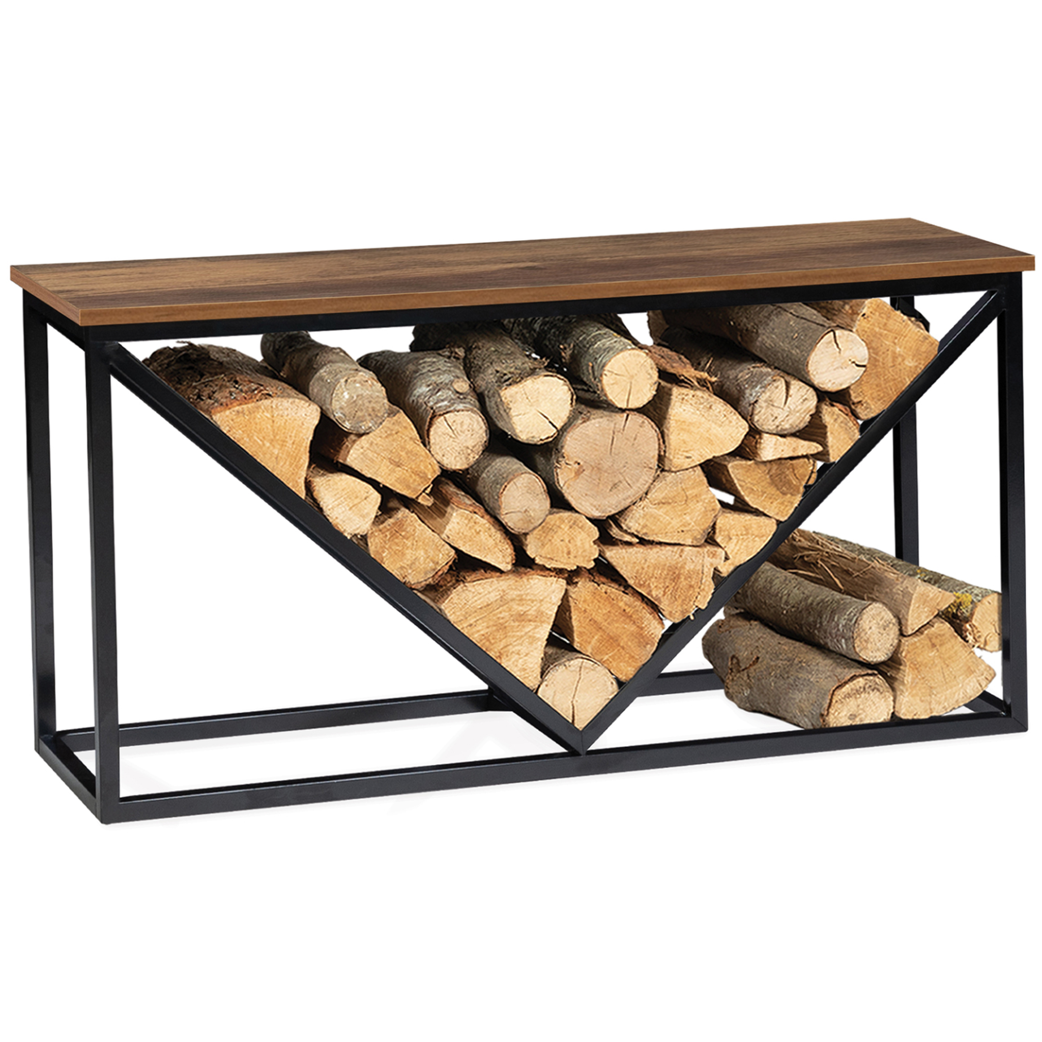 ID MARKET Range bûches horizontal hawkins acier noir plateau bois foncé pour cheminée