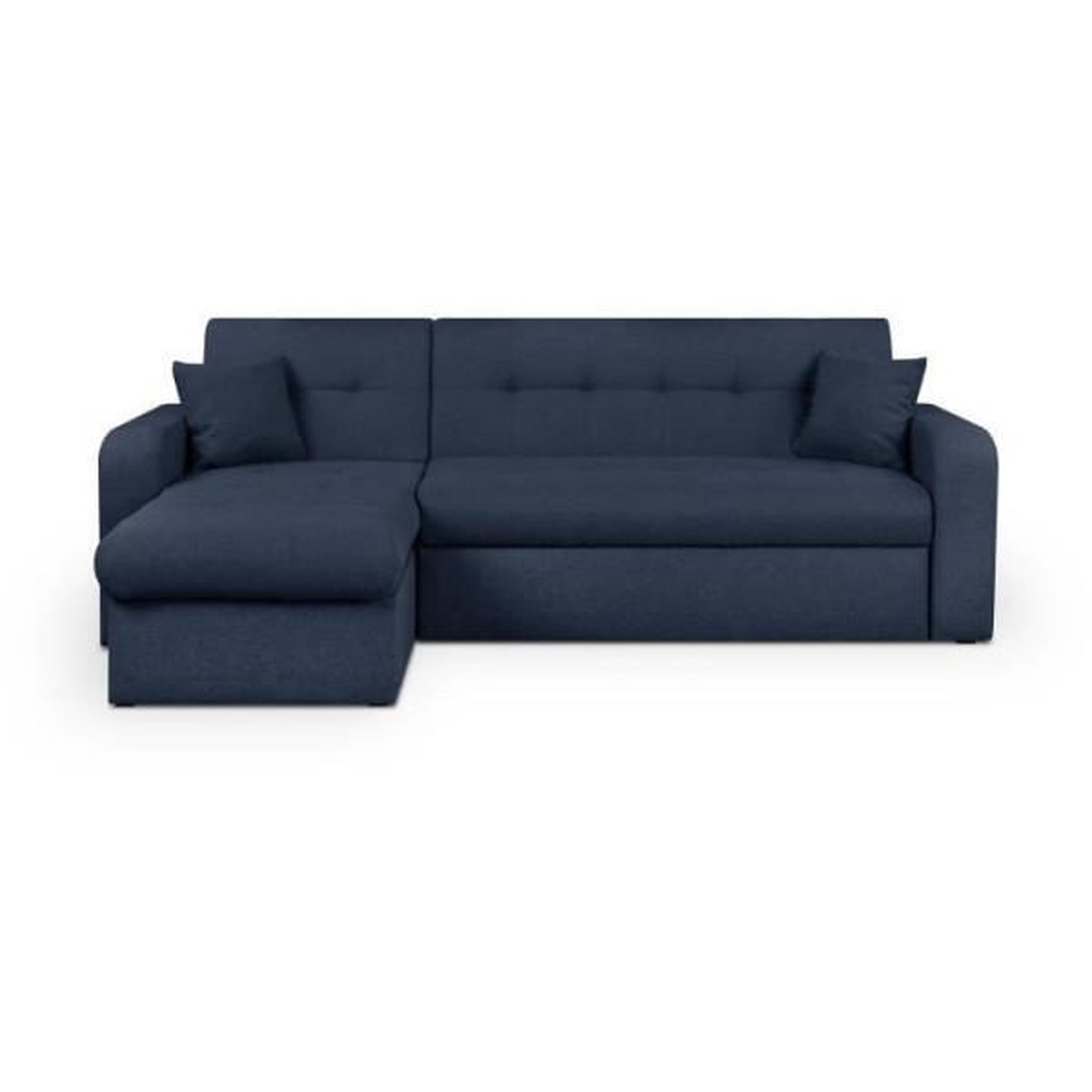 Voir la diapositive 1 : MARKET24 Canapé d'angle convertible et réversible 3 places ROMAN - Tissu bleu foncé - Coffre de rangement - L235 x H81 x P 85/153 cm
